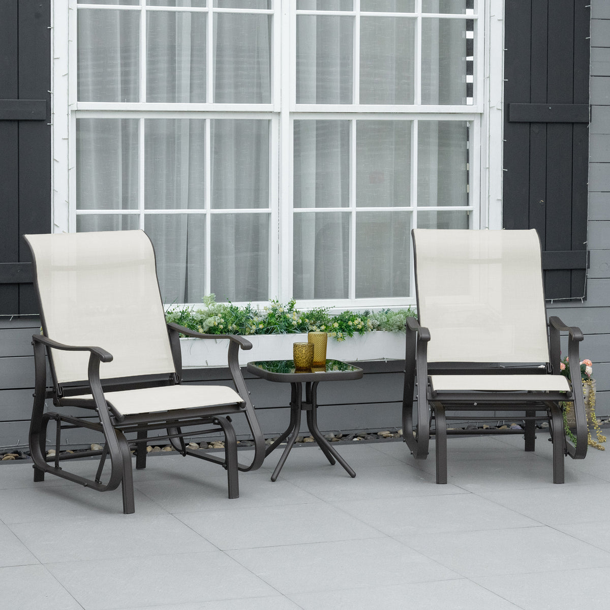 Outsunny 3 Piece Outdoor Gliders Set Bistro Set With Steel Frame, Tempered Glass Top Table For Patio, Garden, Backyard, Lawn, Cream White Cream White Steel