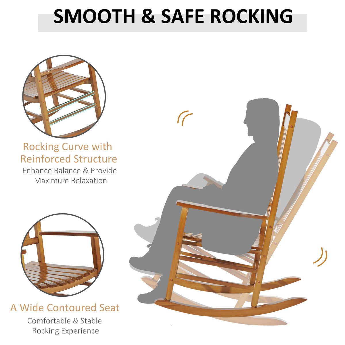 Outsunny Outdoor Rocking Chair, Patio Wooden Rocking Chair With Smooth Armrests, High Back For Garden, Balcony, Porch, Supports Up To 352 Lbs., Natural Natural Wood