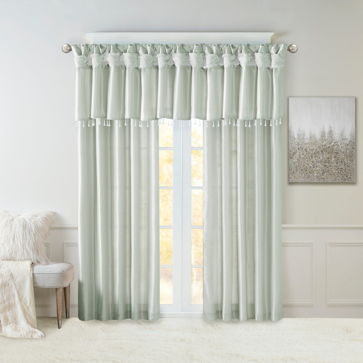 Lightweight Faux Silk Valance With Beads Dusty Aqua 50X26" Dusty Aqua Microfiber
