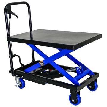 Hydraulic Lift Trolley, 500 Lbs Capacity, With 4 Wheels, For Material Handling And Transportation, Black Blue Black Blue Steel