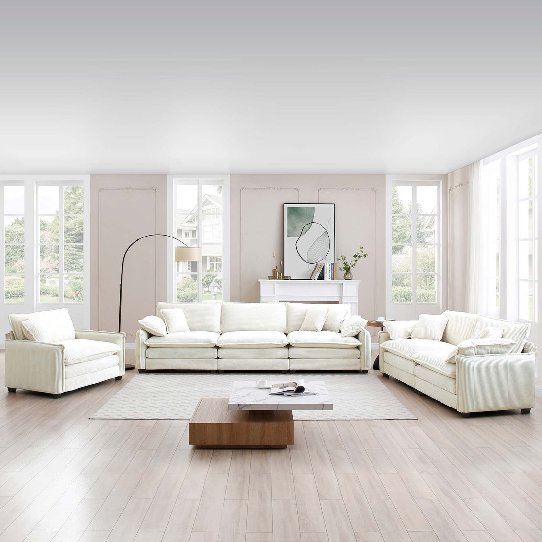 3 Piece Comfortable Oversized Sectional Sofa, One Single Sofa And One 2 Seater Sofa And One 3 Seater Sofabeige Corduroy Deep Seat Sofa Beige Corduroy 6 Seat