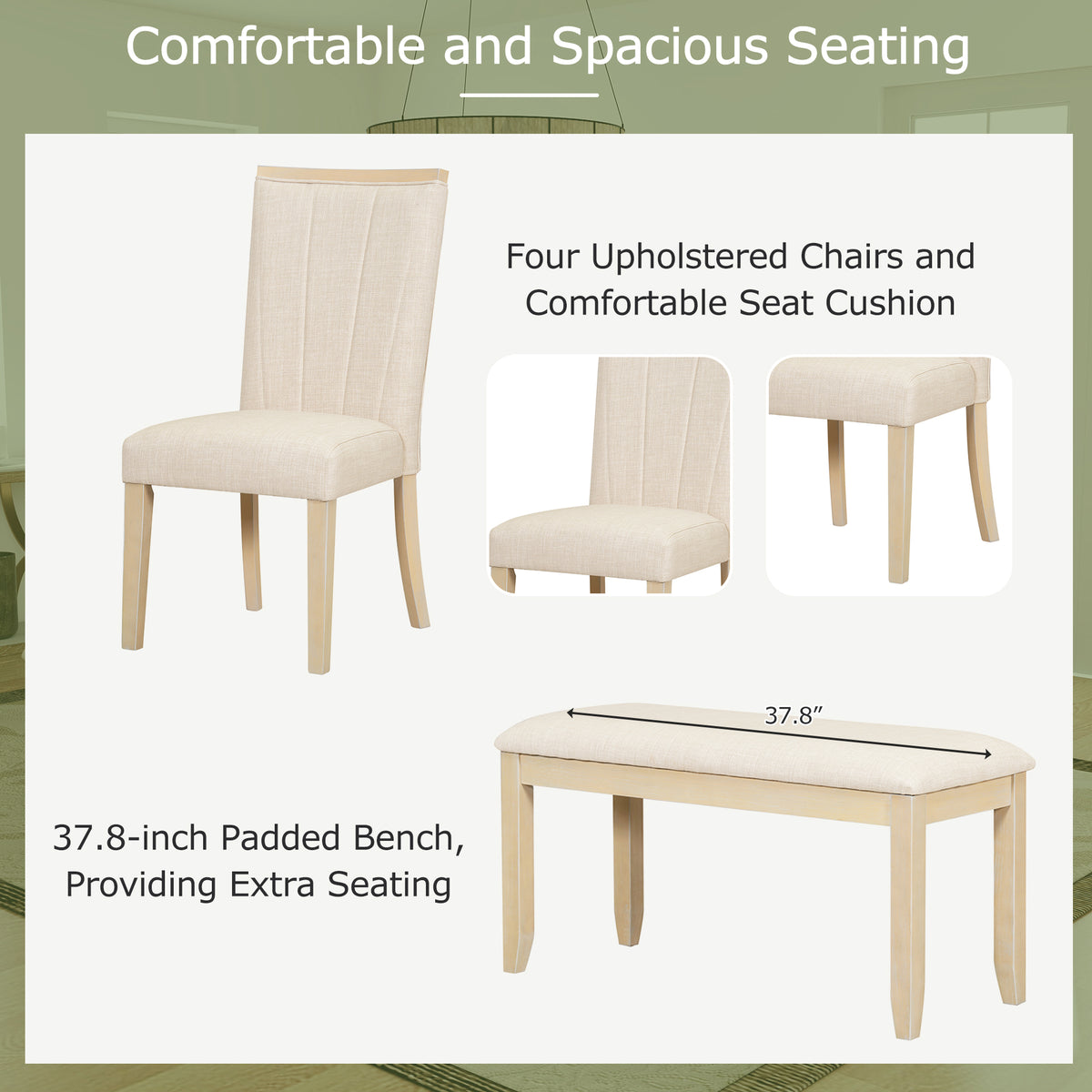 Contemporary 6 Piece 78Inch Extendable Pedestal Dining Table Set With 18Inch Removable Leaf And Dining Bench, 4 Upholstered Dining Chairs, Natural Wood Dining Room Solid Wood Rubberwood Rectangular Dining Table With Chair And Bench Upholstered Chair Wood