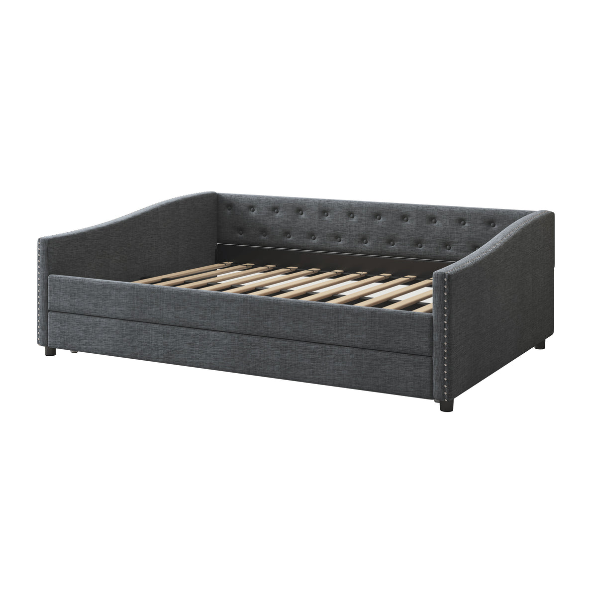 Full Size Daybed With Twin Size Trundle Upholstered Tufted Sofa Bed, With Button On Back And Copper Nail On Waved Shape Arms Dark Grey Full Dark Grey Wood Fabric