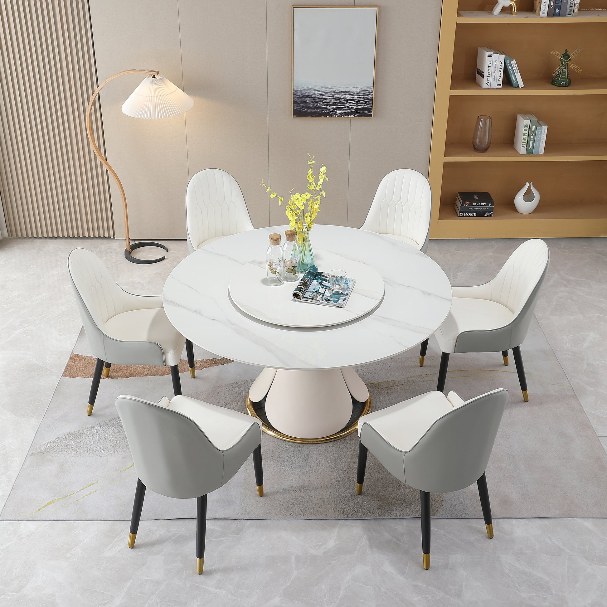 59.05"Modern Sintered Stone Dining Table With 31.5" Round Turntable With 6 Pcs Chairs . Metal White Seats 6 American Design Round Round Sintered Stone