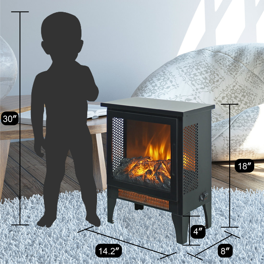 15 Inch Freestanding Electric Fireplace Stove Heater With 3D Flame Effect Powder Coated Electric Yes Antique Black Vent Free No Freestanding Tempered Glass Sheet Metal Electric