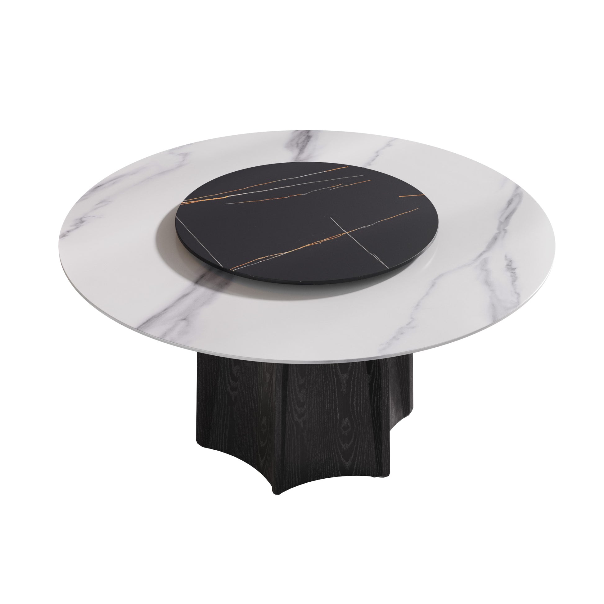59.05" Round Marble Dining Table With Black Textured Solid Wood Base, Artificial Marble For 6 8 People, 31.5"Black Artificial Stone Turntable,White&Black Dining Table Only Black,White Dining Room