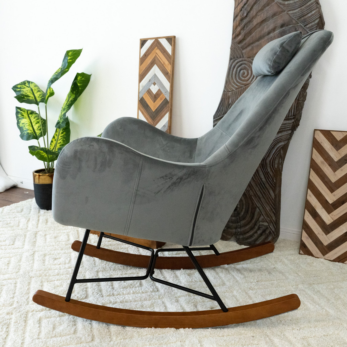 Chelsea Grey Velvet Rocking Chair Solid Light Gray Bedroom Foam Wipe Clean Mid Century Modern Rocking Chairs Foam Velvet
