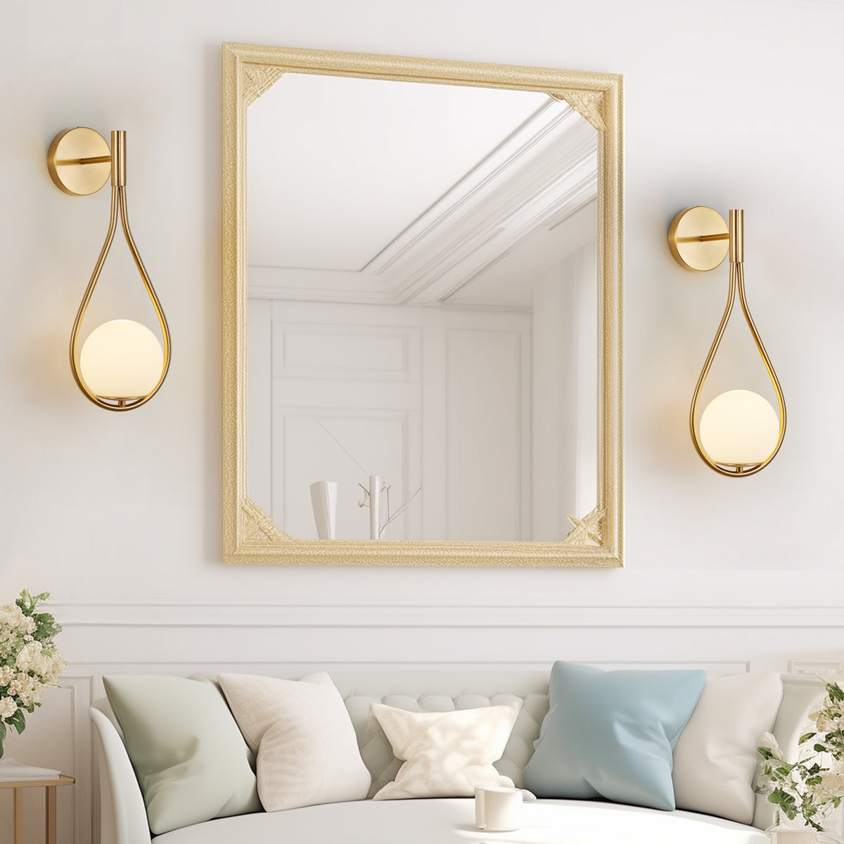Set Of 2 Modern Golden Wall Sconces With Opal Glass Globe, Mid Century Design, Luxury Wall Lights For Bedroom, Living Room, Hallway No Bulb Golden Glass,Iron