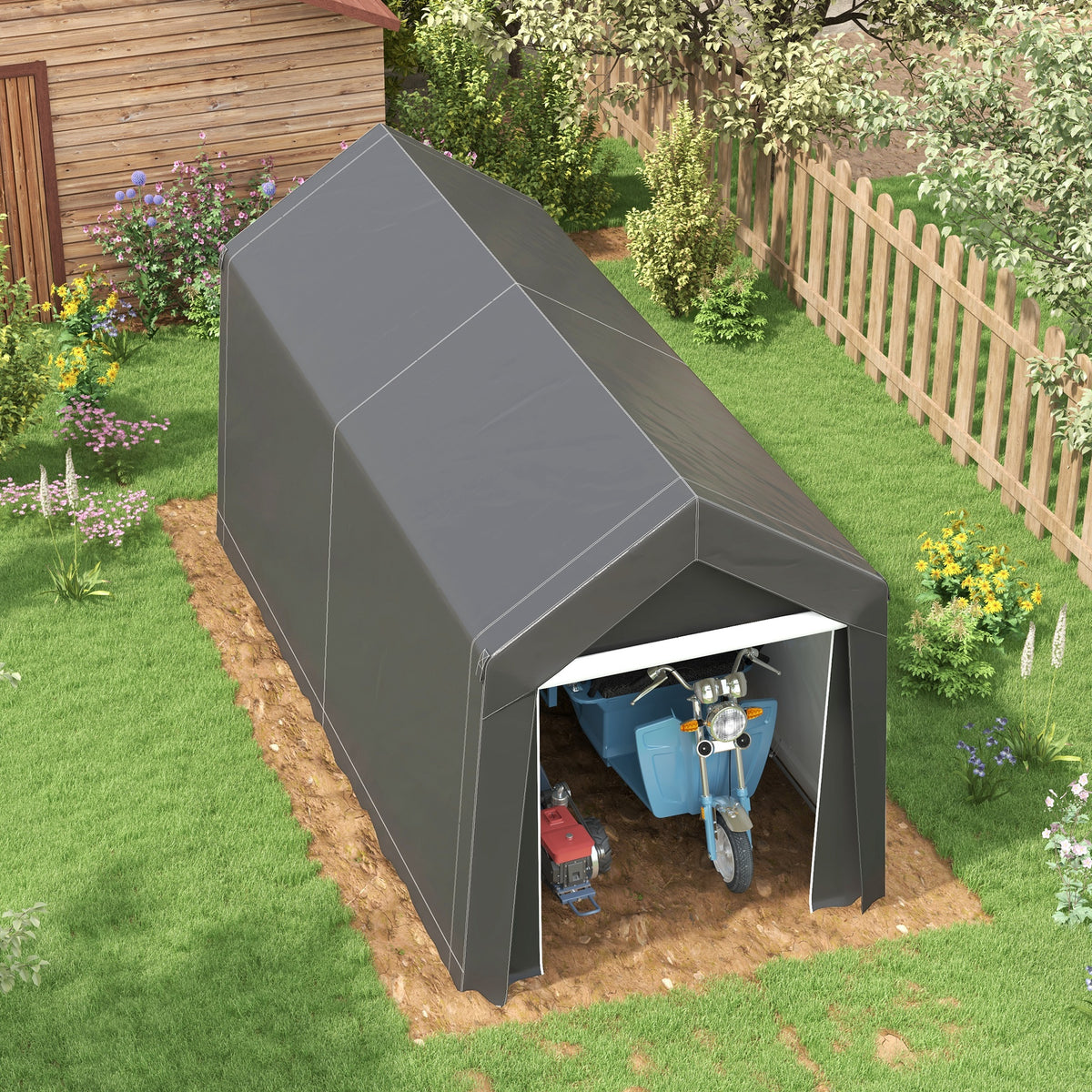 Outsunny 7' X 12' Garden Storage Tent, Heavy Duty Outdoor Shed, Waterproof Portable Shed Storage Shelter With Ventilation Window And Large Door For Bike, Motorcycle, Garden Tools, Gray Gray Steel