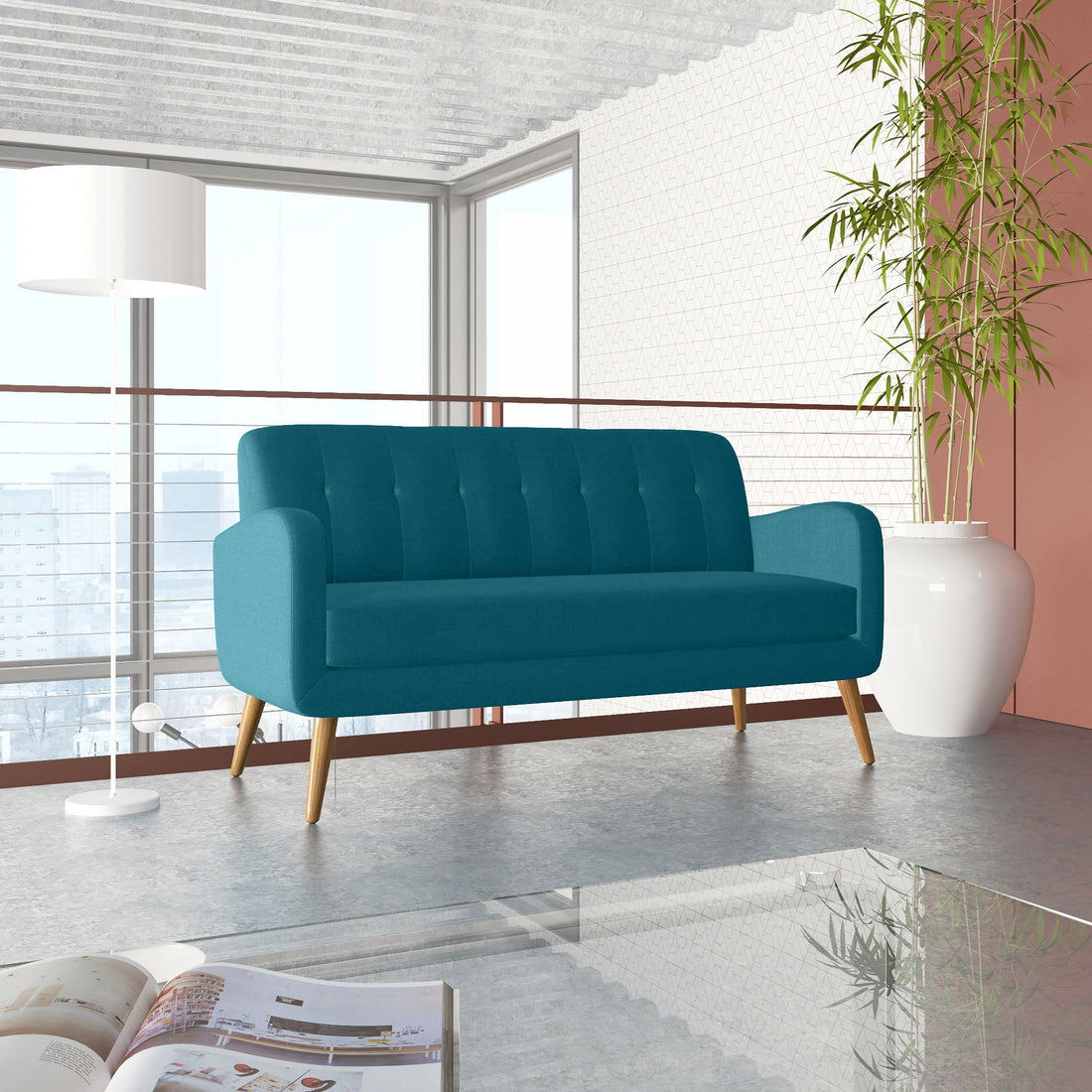 The Pacific Sofa Antique Blue Green Mid Century Modern Poplar Polyester 3 Seat