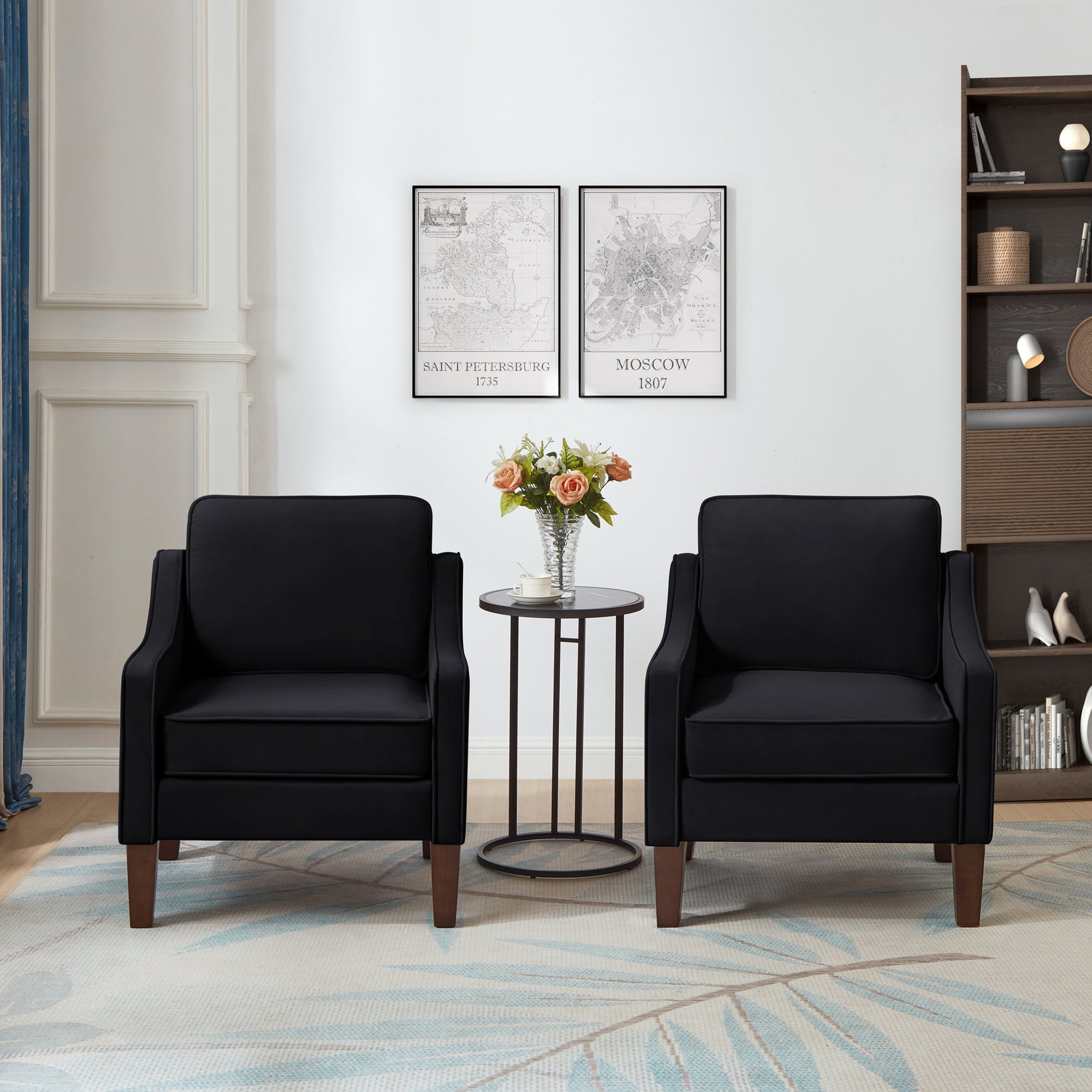 Modern Armchair, Living Room Single Seat Sofa Chair With Wooden Legs, Upholstered Velvet Accent Chair For Living Room, Bedroom,Black Black Espresso Velvet Wood Primary Living Space Medium Soft Cushion Back American Design Rubberwood Square Arms Foam