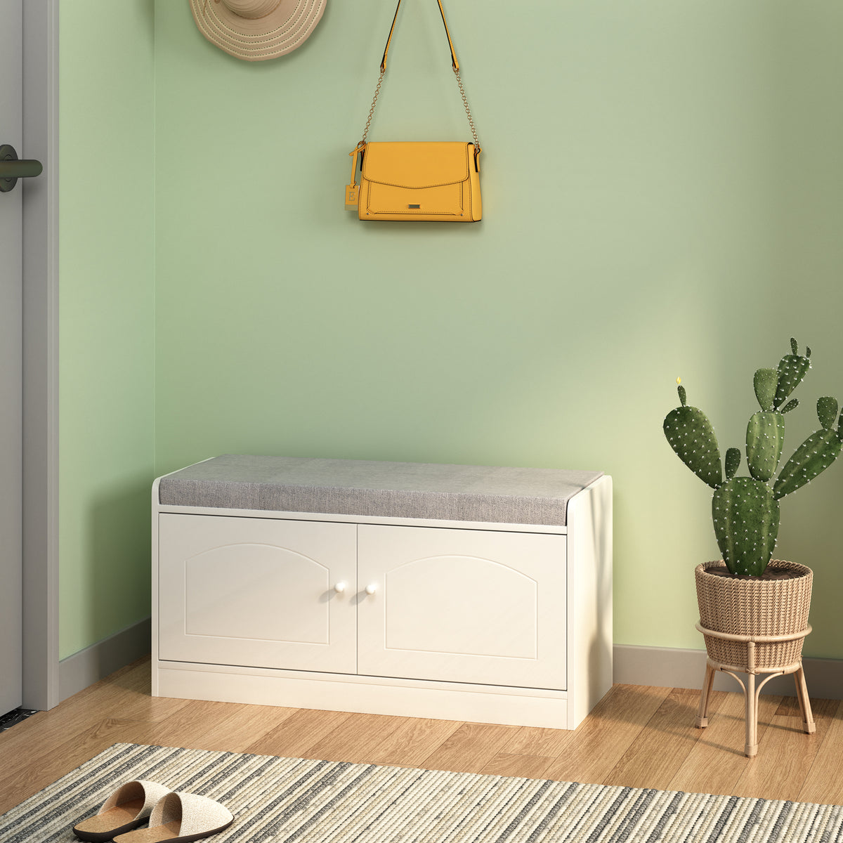 Shoe Storage Bench With 2 Door Cabinet, Entryway Bench With Shoe Storage, Shoe Bench With Cushion, Adjustable Shelves, Shoe Rack Bench For Entrance, Hallway, Bedroom, White Gray White Gray White