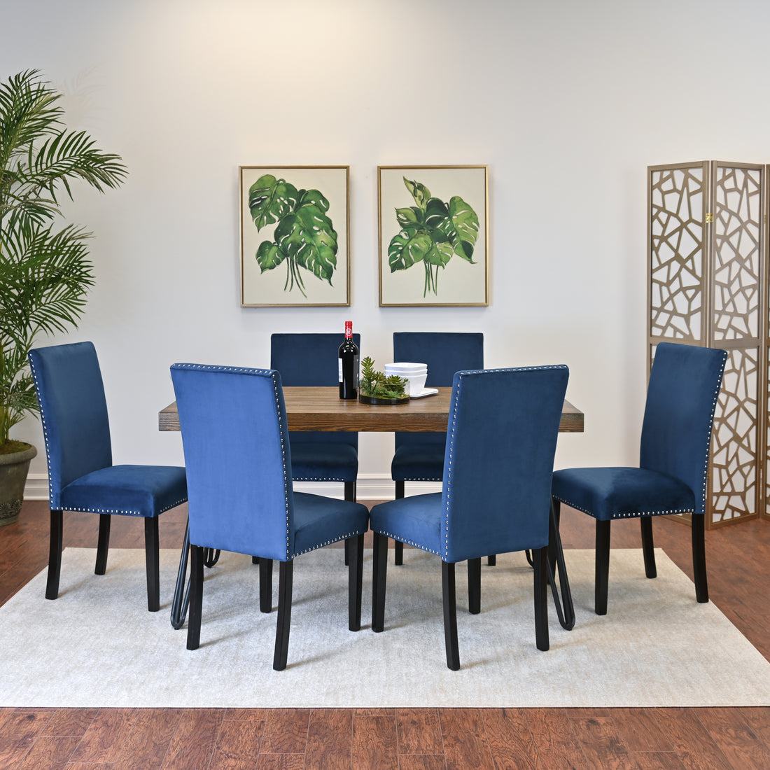 Aso 7 Piece Dining Set, Hairpin Dining Table With 6 Chairs, 3 Color Options Brown Metal Dining Room Fixed Table Rubberwood Rectangular Dining Table With Chair Metal Wood Brown Seats 6 Rectangular 4 Leg Mdf Metal