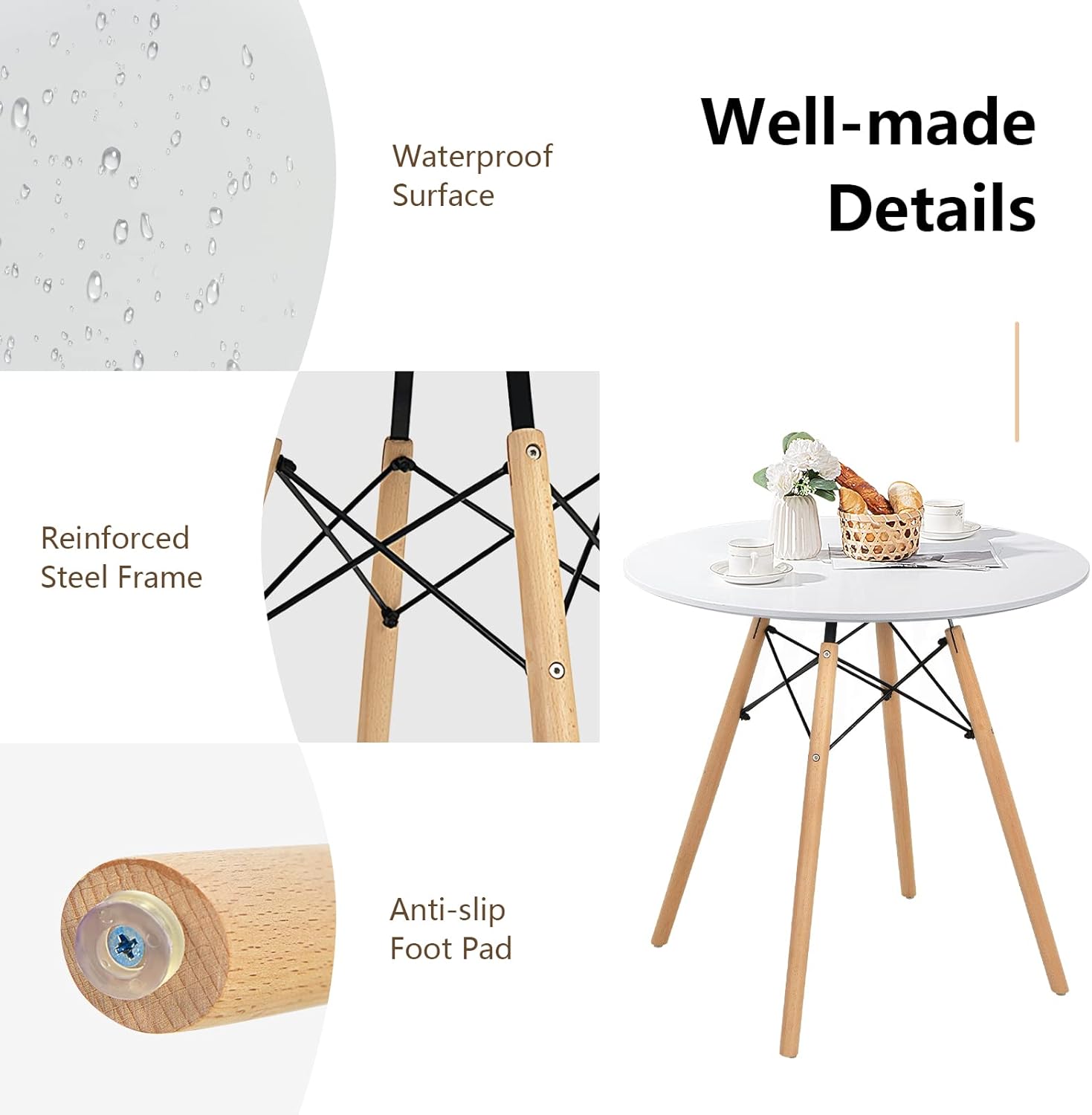 31.5" Round Dining Table Kitchen Table White Dining Table With White Mdf Desktop And Solid Wood Legs .Modern Style Coffee Table Leisure Dining Room Round Table For Kitchen Living Room White Kitchen Round Mdf