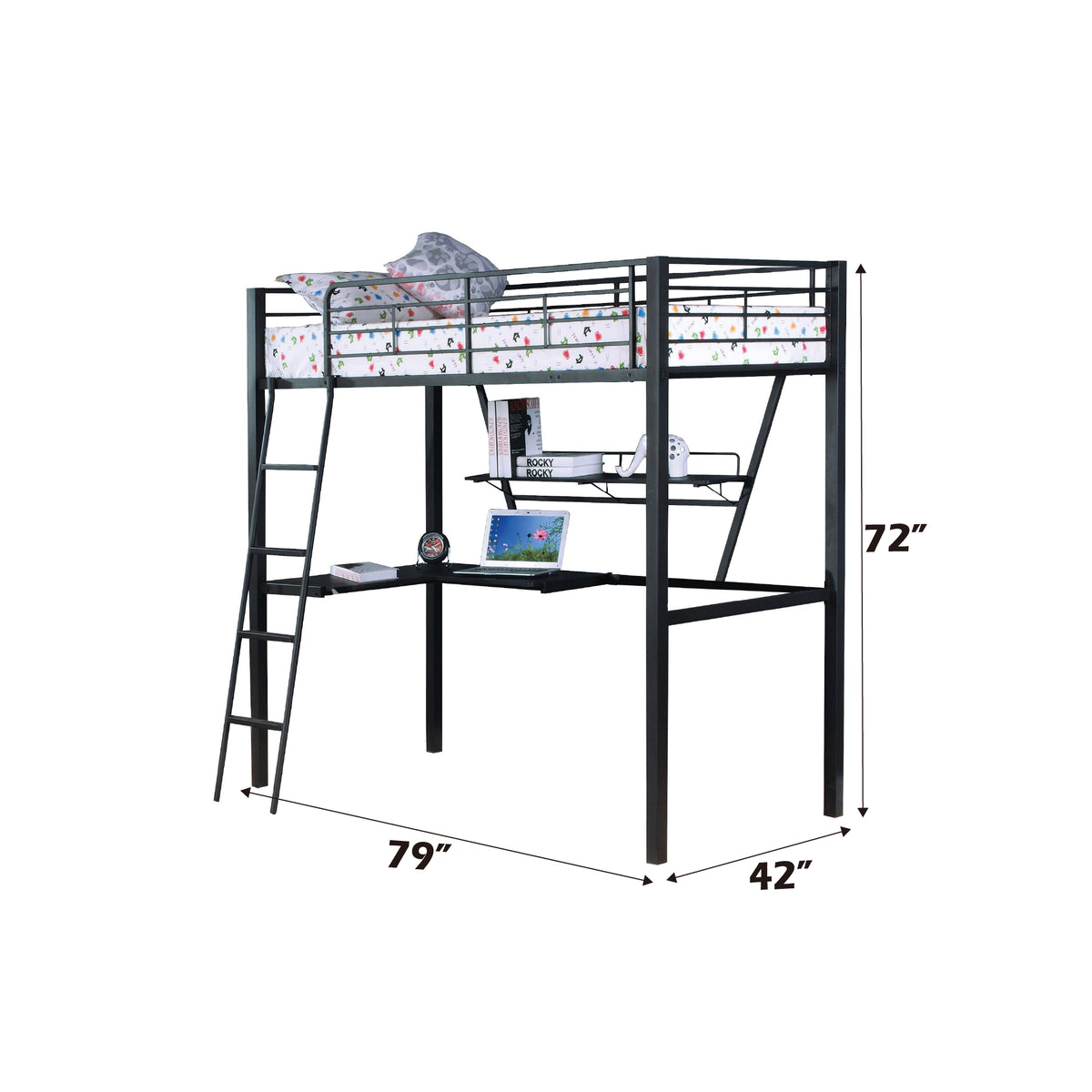 Senon Silver & Black Finish Twin Loft Bed W Desk Black,Silver Metal,Synthetic Wood