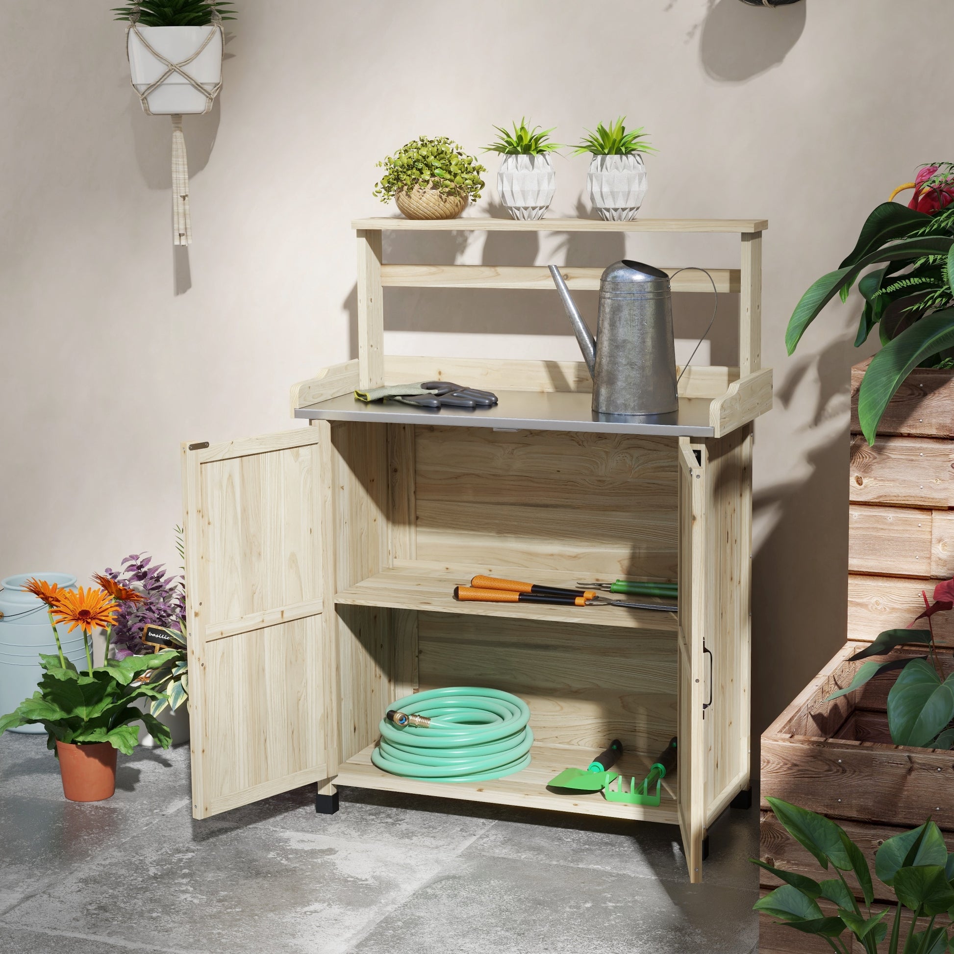 Outsunny Potting Bench, Outdoor Wooden Potting Table With Storage Cabinet With 2 Shelves, Garden Work Bench With Galvanized Plated Tabletop For Backyard, Balcony, Natural Natural Wood