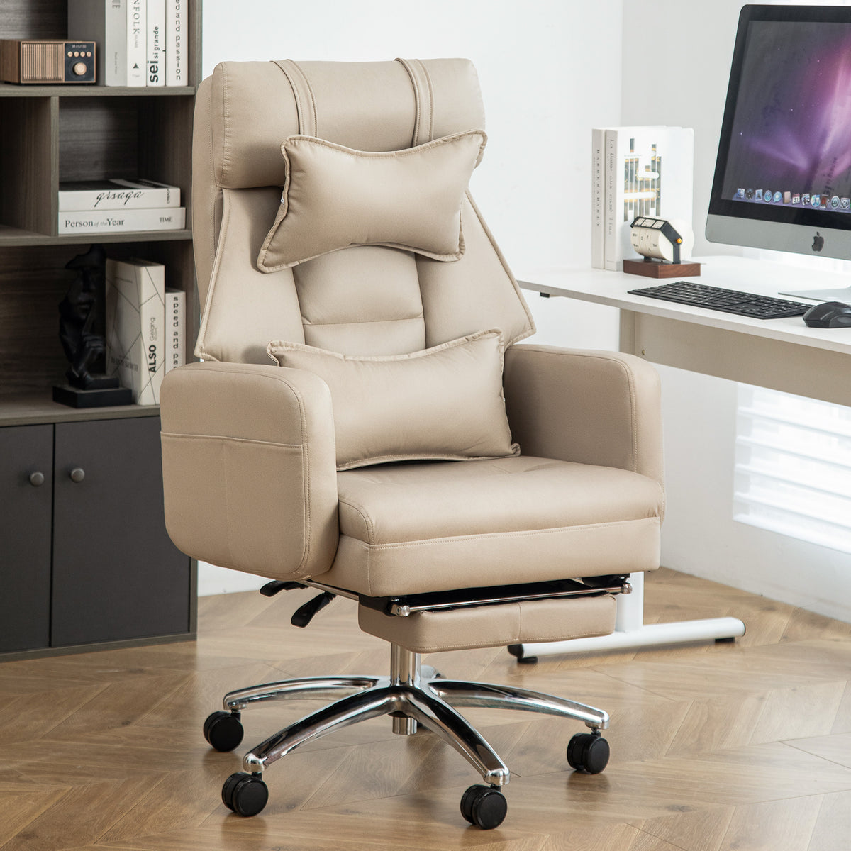 Swivel Ergonomic Office Chair, Technology Leather High Back Office Chair With Lumbar Support Headrest, Sedentary Comfortable Boss Chair, 155 Reclining Computer Chair Colorbeige Caster Wood Beige Office Foam American Design,American Traditional,European