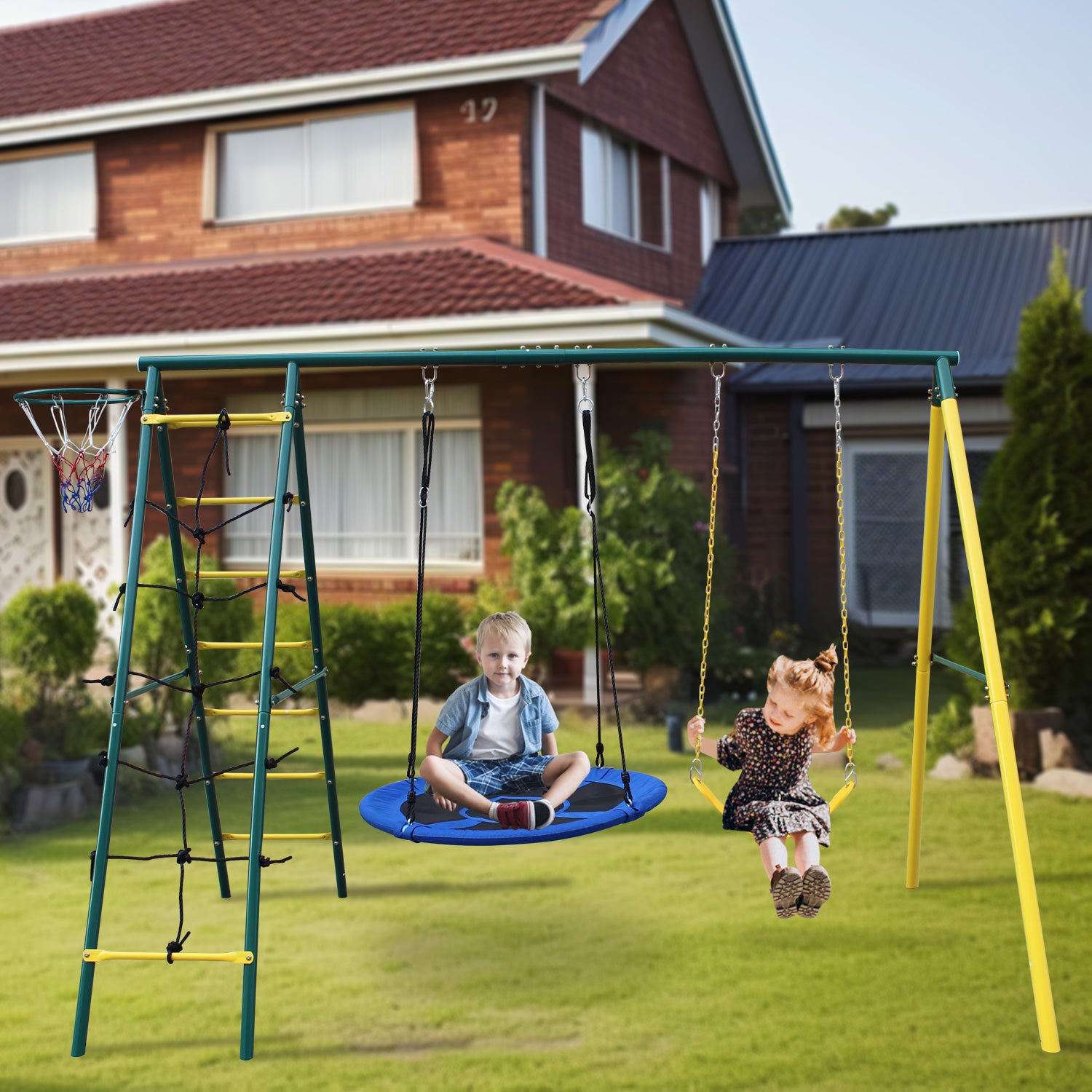 Swing Set For Kids Outdoor Backyard Playground Swing Set With Ladder And Basketball Hoop Blue 200 Lbs & Over 3 To 4 Years Steel Outdoor