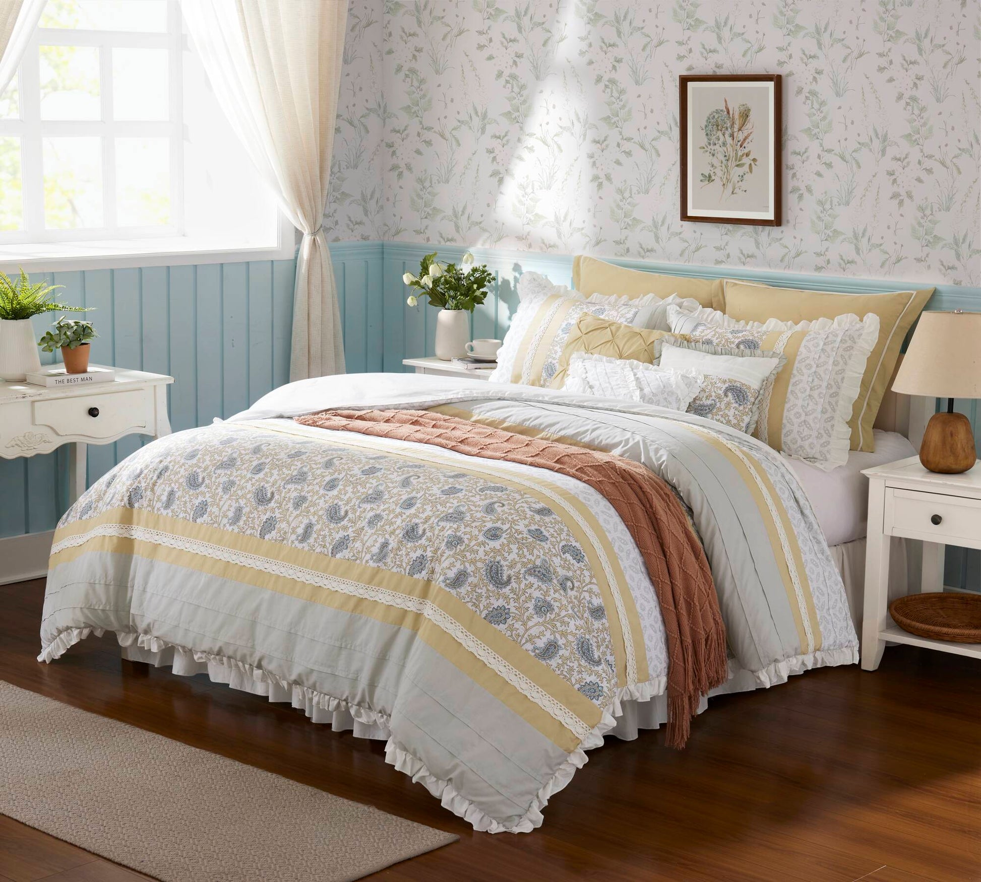 9 Piece Cotton Percale Comforter Set Yellow Queen Queen Yellow Polyester