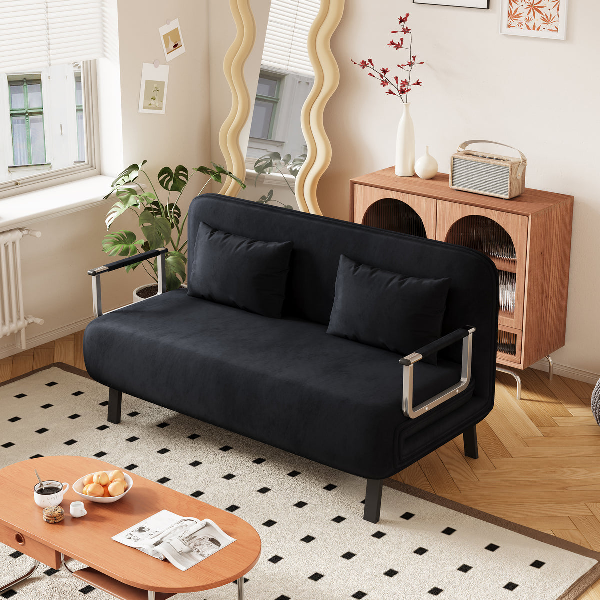 Velvet Black 55 Convertible Chair Bed, Tri Fold Sofa Bed With Adjustable Backrest & Pillow, Leisure Chaise Lounge Couch With Sturdy Steel Frame For Home & Office, Comfortable Sleeper Chair Black Velvet Metal Primary Living Space Medium Firm Contemporary
