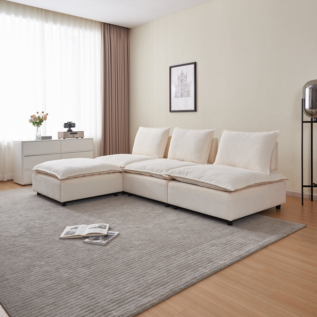 Modern Armless L Shaped Sectional Sofa Couch With Ottoman Modular Design, Durable Construction, Easy Care Upholstery For Living Room, Apartment, Office, Small Space Beige Foam Chenille 4 Seat
