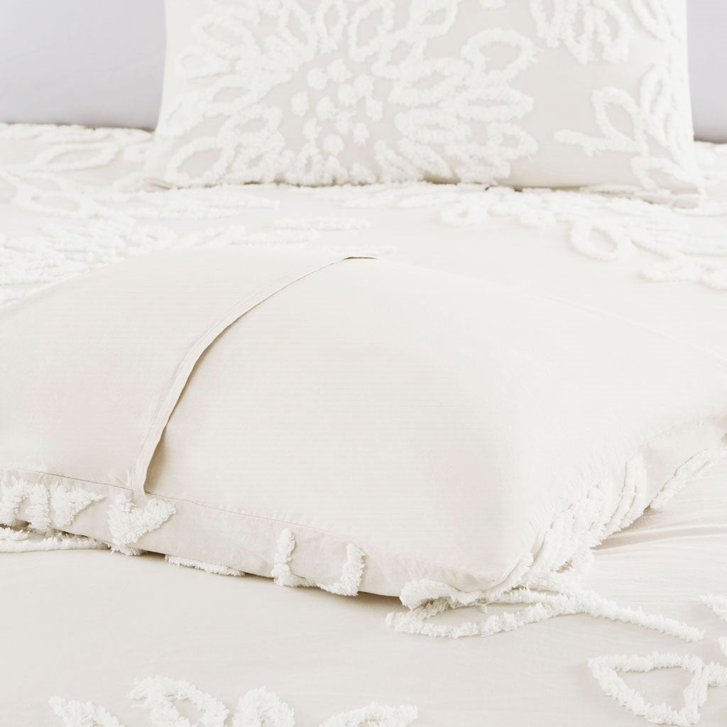 3 Piece Tufted Cotton Chenille Floral Duvet Cover Set King Off White Cotton