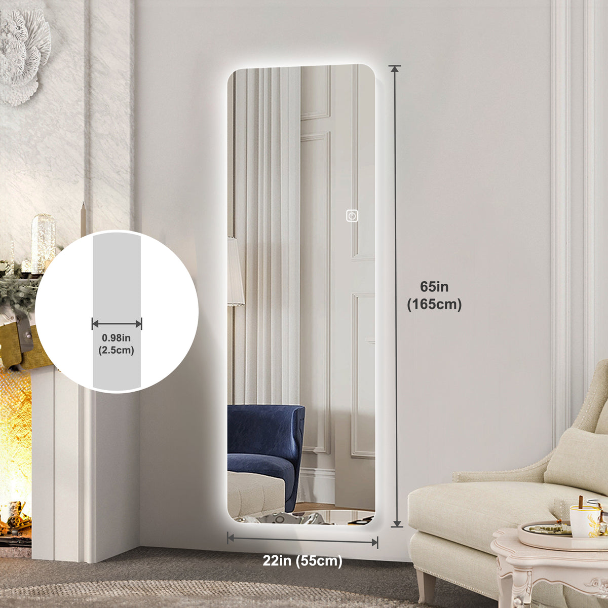 65X22Inch Full Body Mirror With Lights Full Length Mirror Wall Hanging Type Suitable For Bedrooms, Dimming And 3 Color Lighting Silver Modern Glass
