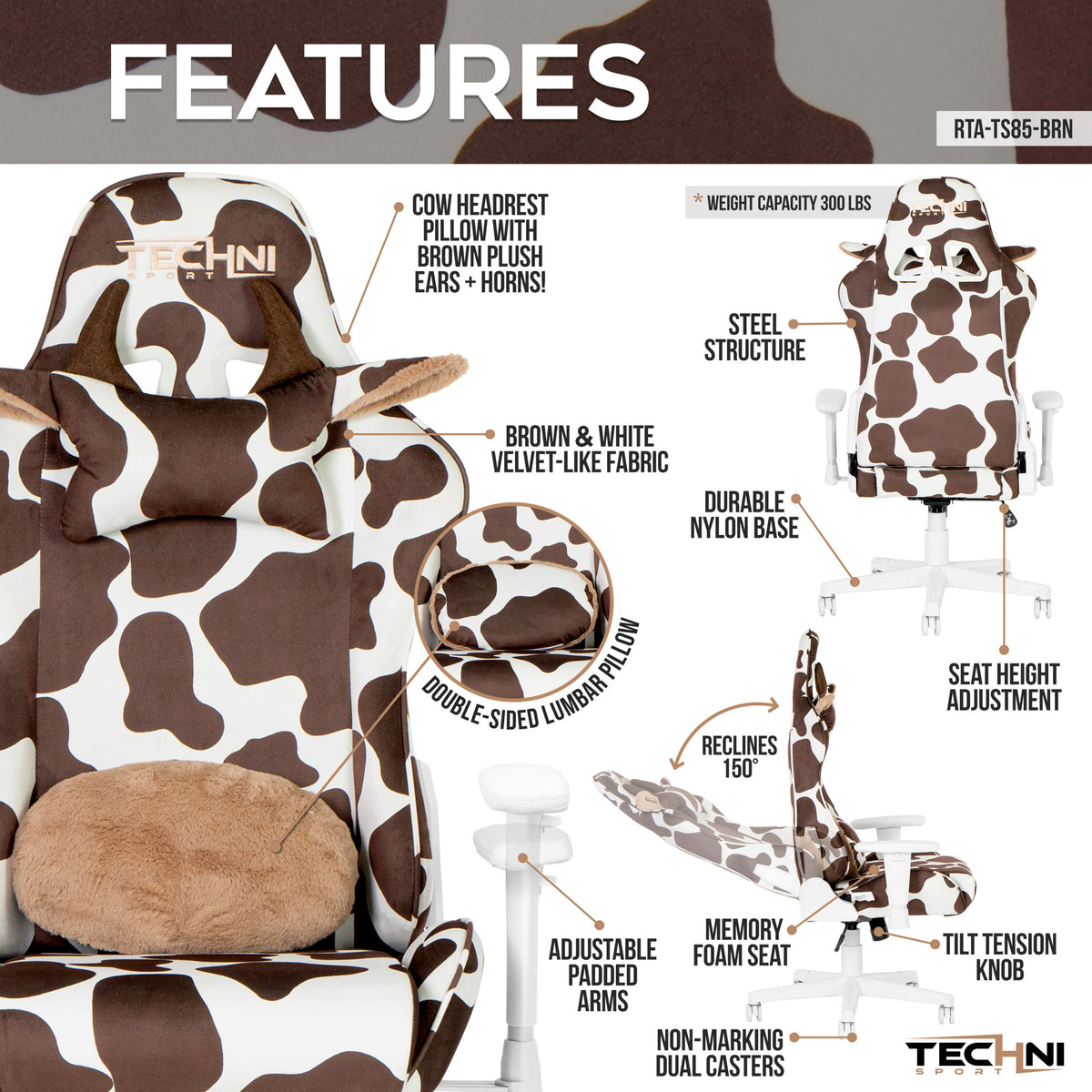 Techni Sport Ts85 Brown Cow Series Gaming Chair Caster Nylon Brown Office Spot Clean Rectangular Modern Handle Office Chairs Solid Back Fabric Metal