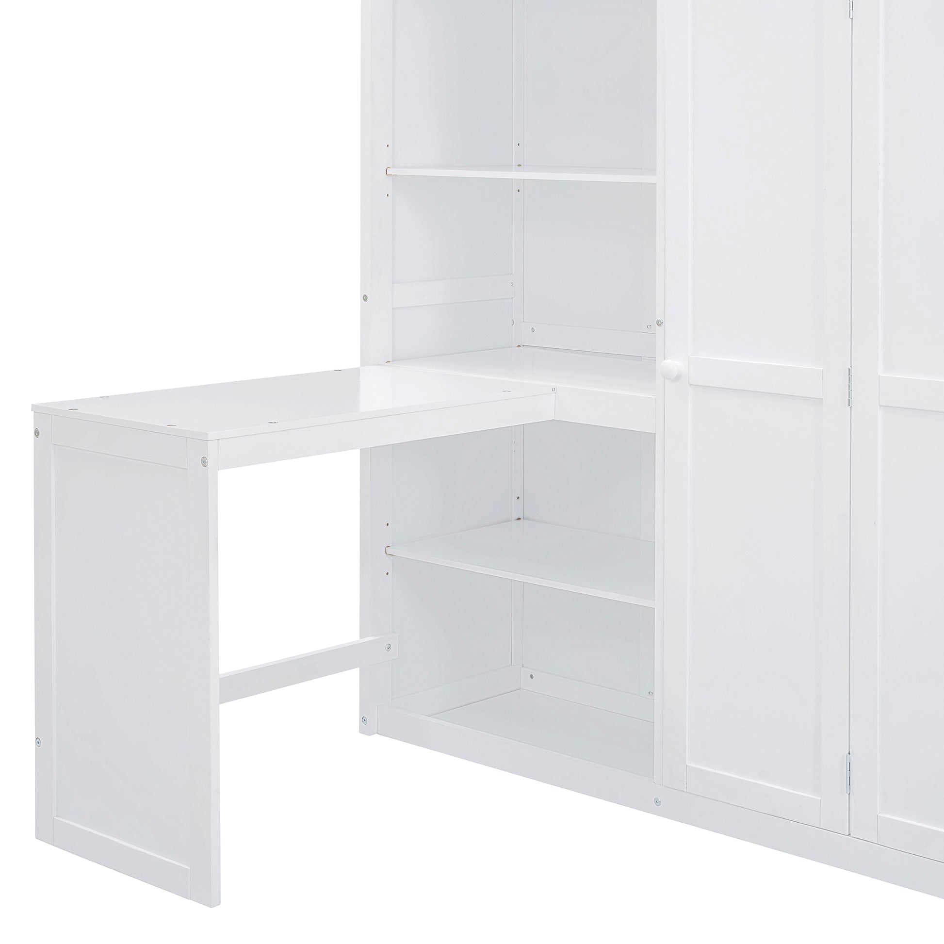 Full Size Loft Bed With Wardrobe,Desk And Shelves,White White Mdf Lvl