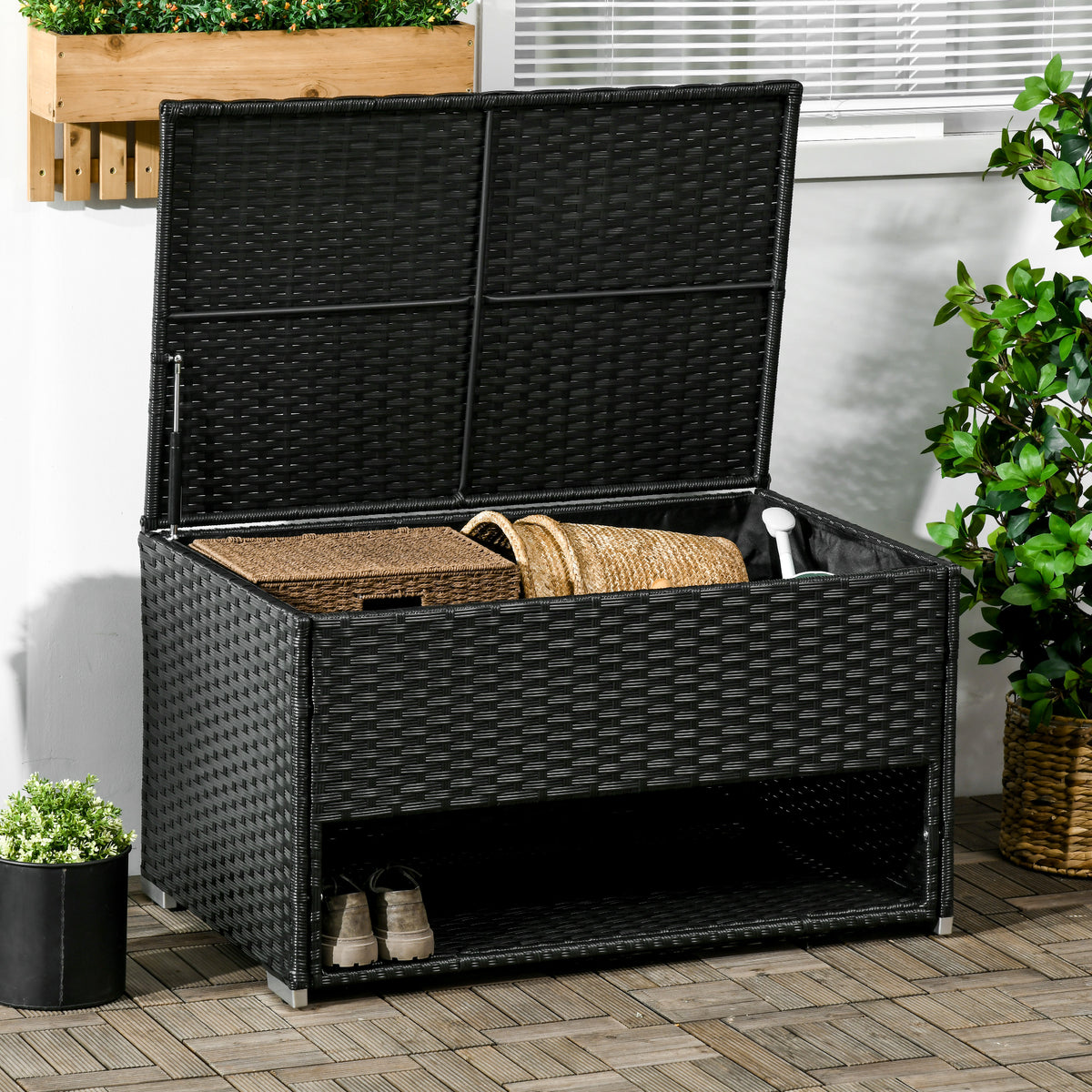 Outsunny Outdoor Deck Box & Shoe Storage, Pe Rattan Wicker Towel Rack With Liner For Indoor, Outdoor, Patio Furniture Cushions, Pool, Toys, Garden Tools, Black Black Steel