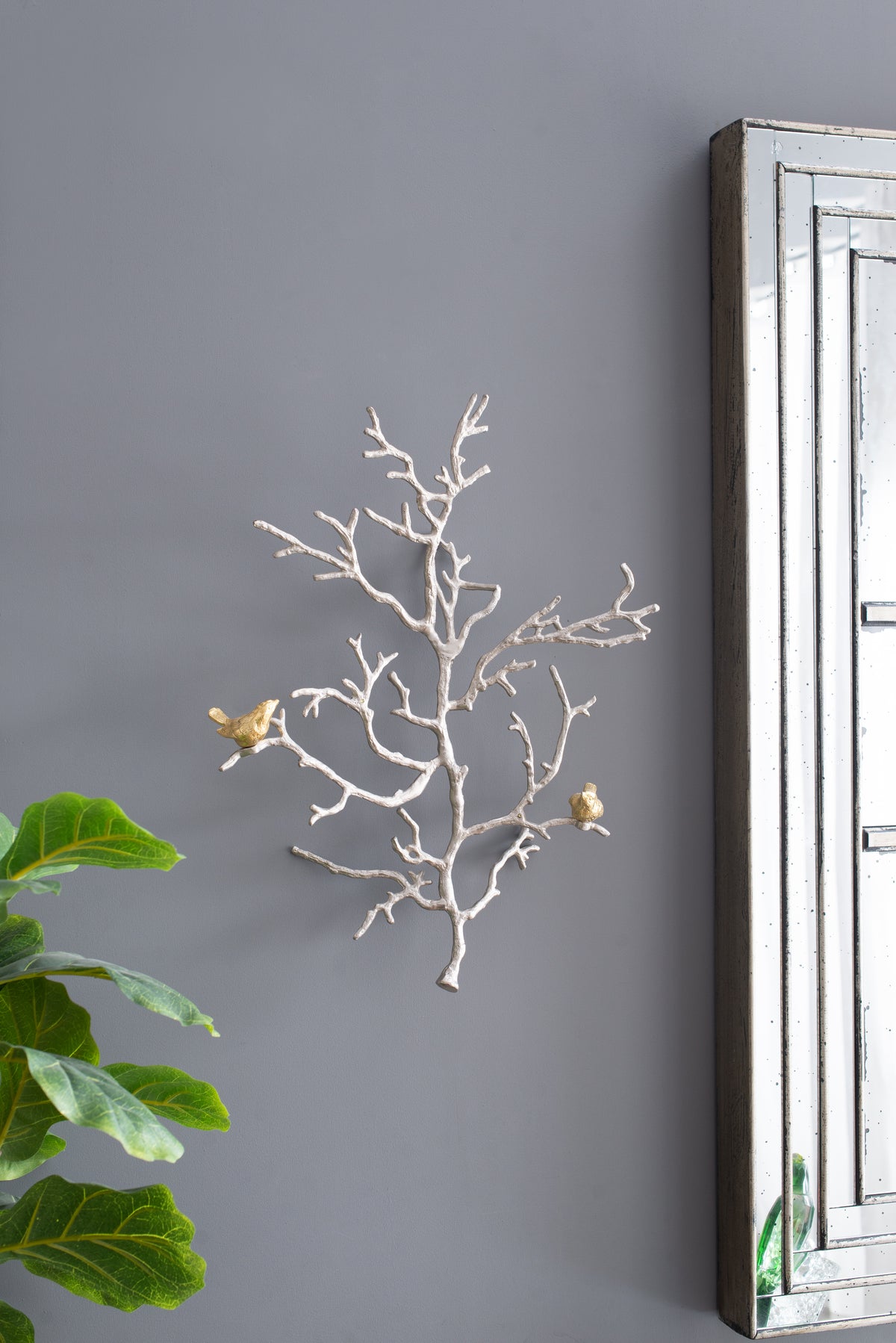 17X5.5X22" Metal Branch Wall Sculptures With Bird Accents Silver Multi Aluminium