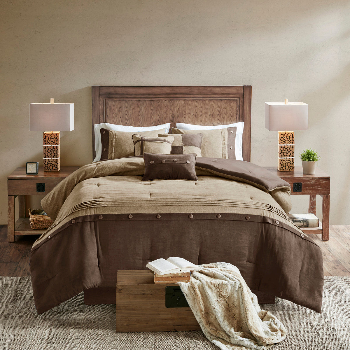 7 Piece Faux Suede Comforter Set Brown Cal King California King Brown Polyester