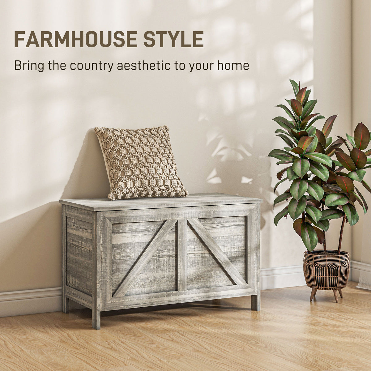 Homcom 30" Farmhouse Storage Chest, Lift Top Box Organizer With Safety Hinge To Open Up 100 For Bedroom, Entryway, Living Room, Gray Wood Grain Light Gray Particle Board