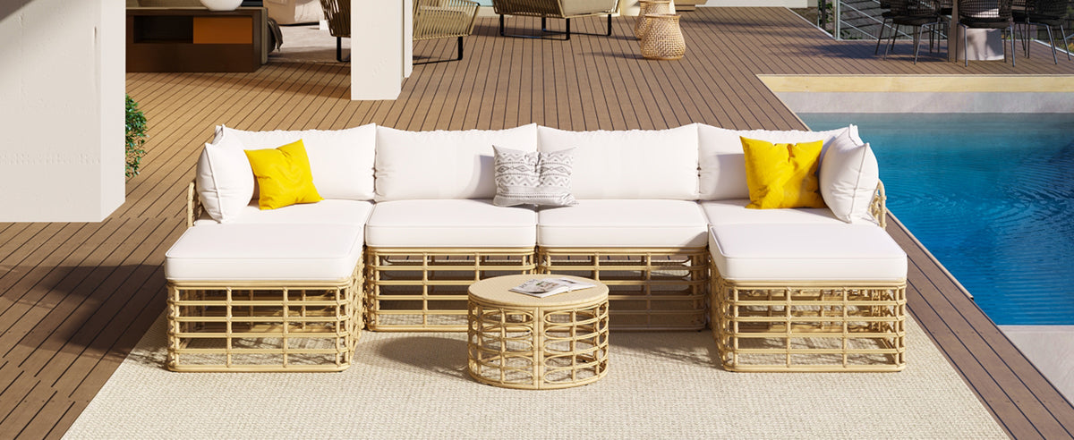 7 Pieces Outdoor Patio Furniture, All Weather Rattan Sectional Sofa Set With Thick Cushions And Pillows, Freely Combined Conversation Sets For Garden, Backyard, Balcony, Beige Yes Complete Patio Set Beige Seats 6 Garden & Outdoor Complete Patio Sets Foam