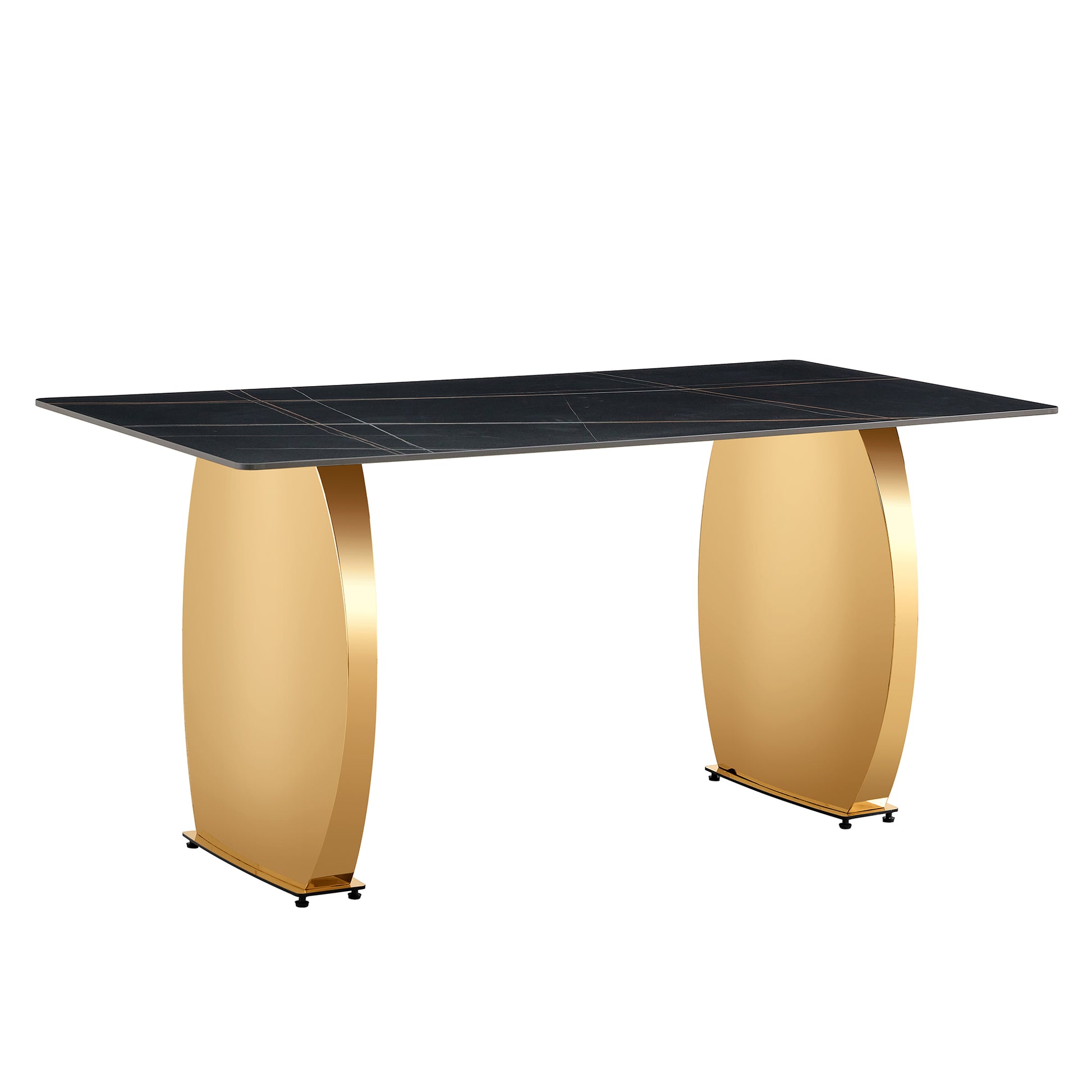 Table And Chair Set,Modern Rectangular Table With 0.4 Inch Black Patterned Tabletop And Gold Legs, Suitable For Kitchen, Dining Room, And Living Roomcomfortable Pu Seats,Perfect For Dinner, Meet Grey Black Seats 4 Sintered Stone