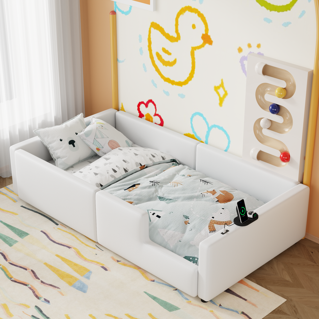 Twin Size Upholstered Platform Bed With Guardrail And Charging Station, White Box Spring Not Required Twin White Upholstered