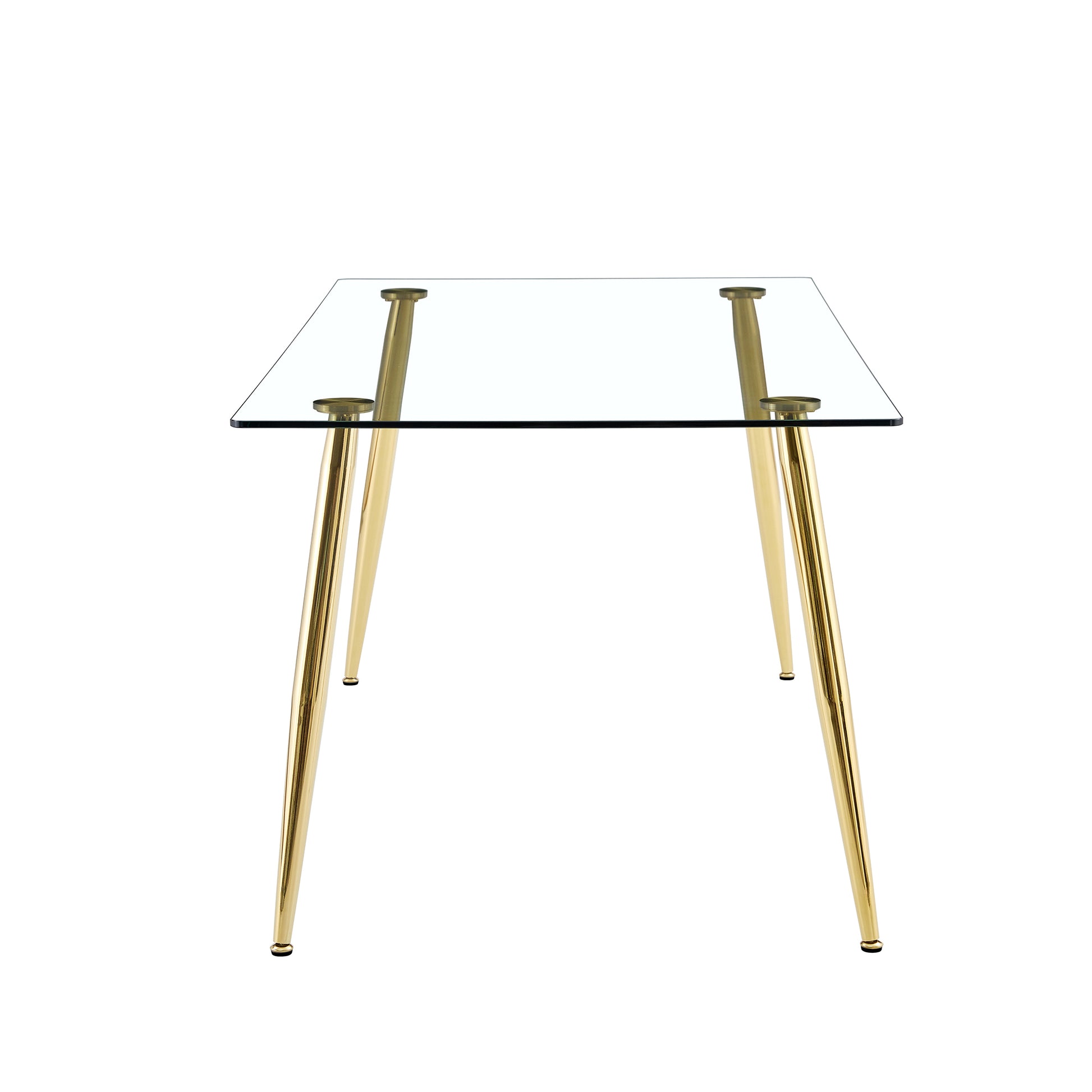 Table And Chair Set.Modern Rectangular Glass Dining Table With A Tempered Glass Tabletop And Metal Legs, Paired With Multiple Chairs Designed With Pu Cushions And Golden Metal Legs. Grey Gold Seats 6 Tempered Glass
