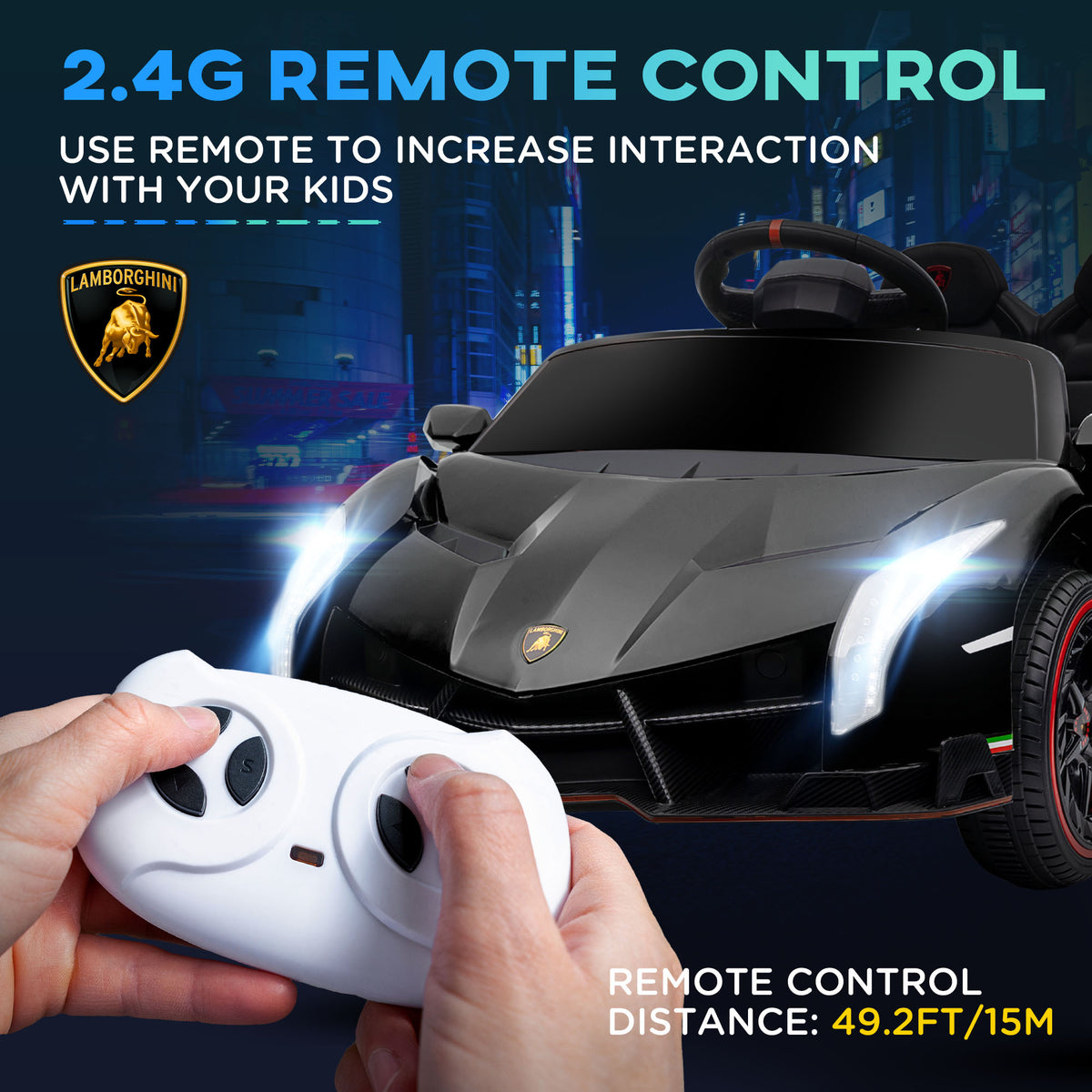 Aosom Lamborghini Veneno Licensed Kids Electric Car With Bluetooth, 12V Ride On Car With Butterfly Doors, Remote Control, Portable Battery, Suspension System, Horn, Songs, Lights, Black Black