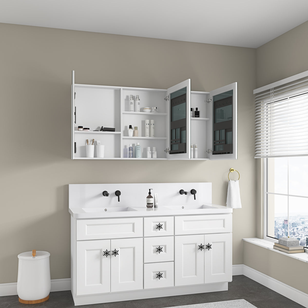 60'' W X 30'' H Bathroom Mirror Medicine Cabinet Wooden Door Medicine Cabinets For Bathroom, Wall Mounted Recessed Or Surface, Bathroom Mirror With Storage White Engineered Wood
