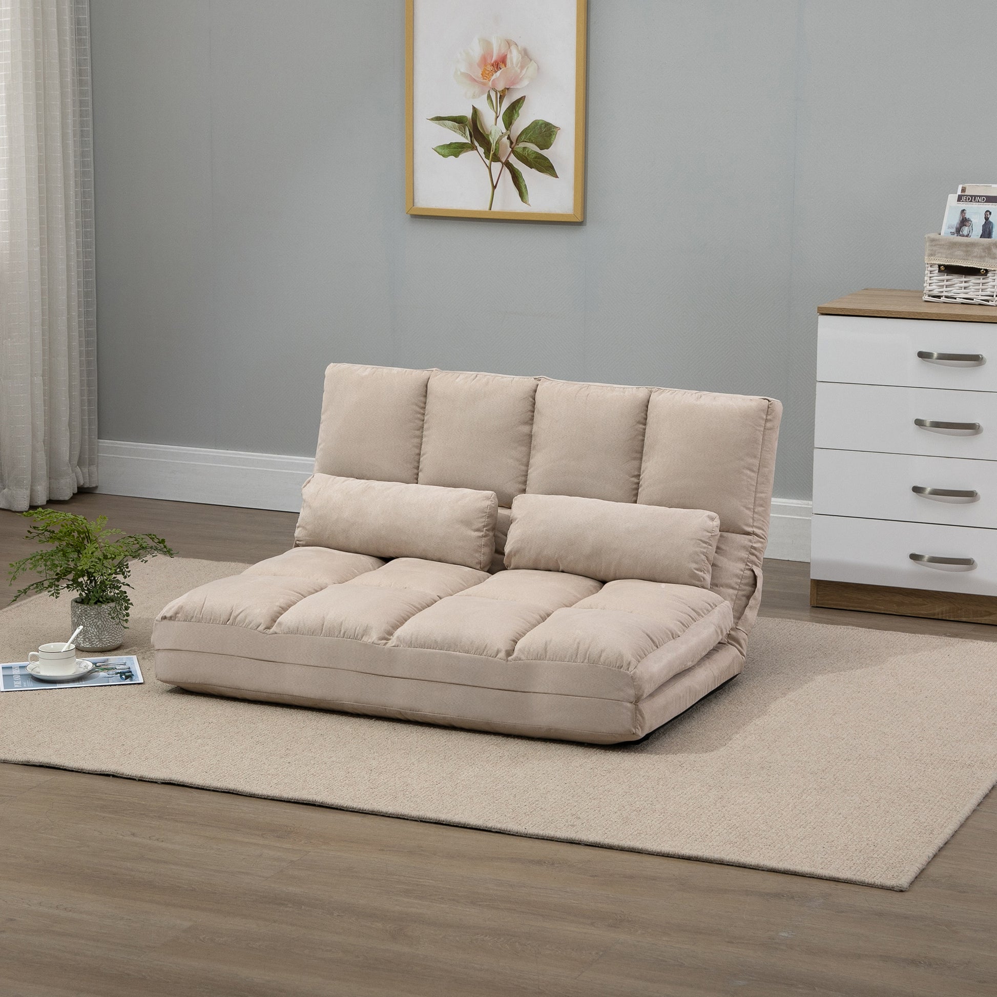 Homcom Convertible Floor Sofa Chair, Folding Couch Bed, Guest Chaise Lounge With 2 Pillows, Adjustable Backrest And Headrest, 40.25" L, Beige Beige Polyester 2 Seat