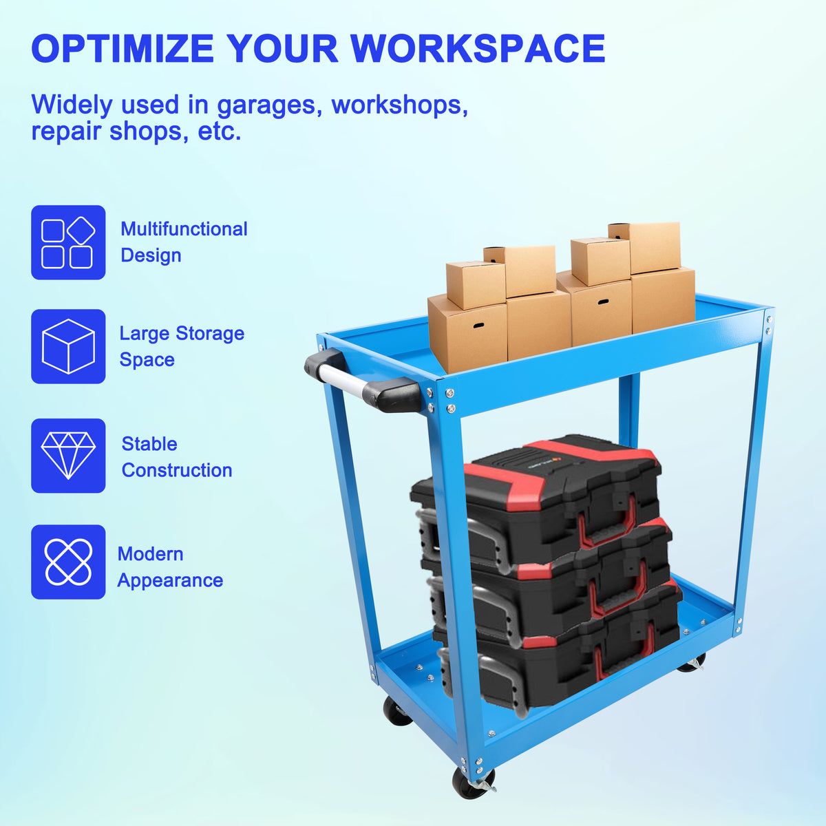Tool Cart On Wheels, Heavy Duty Steel Utility Cart W Lockable Wheels, 400 Lbs Capacity Industrial Service Cart For Garage, Warehouse, Workshop Two Layer Bright Blue Blue Abs Steel Q235