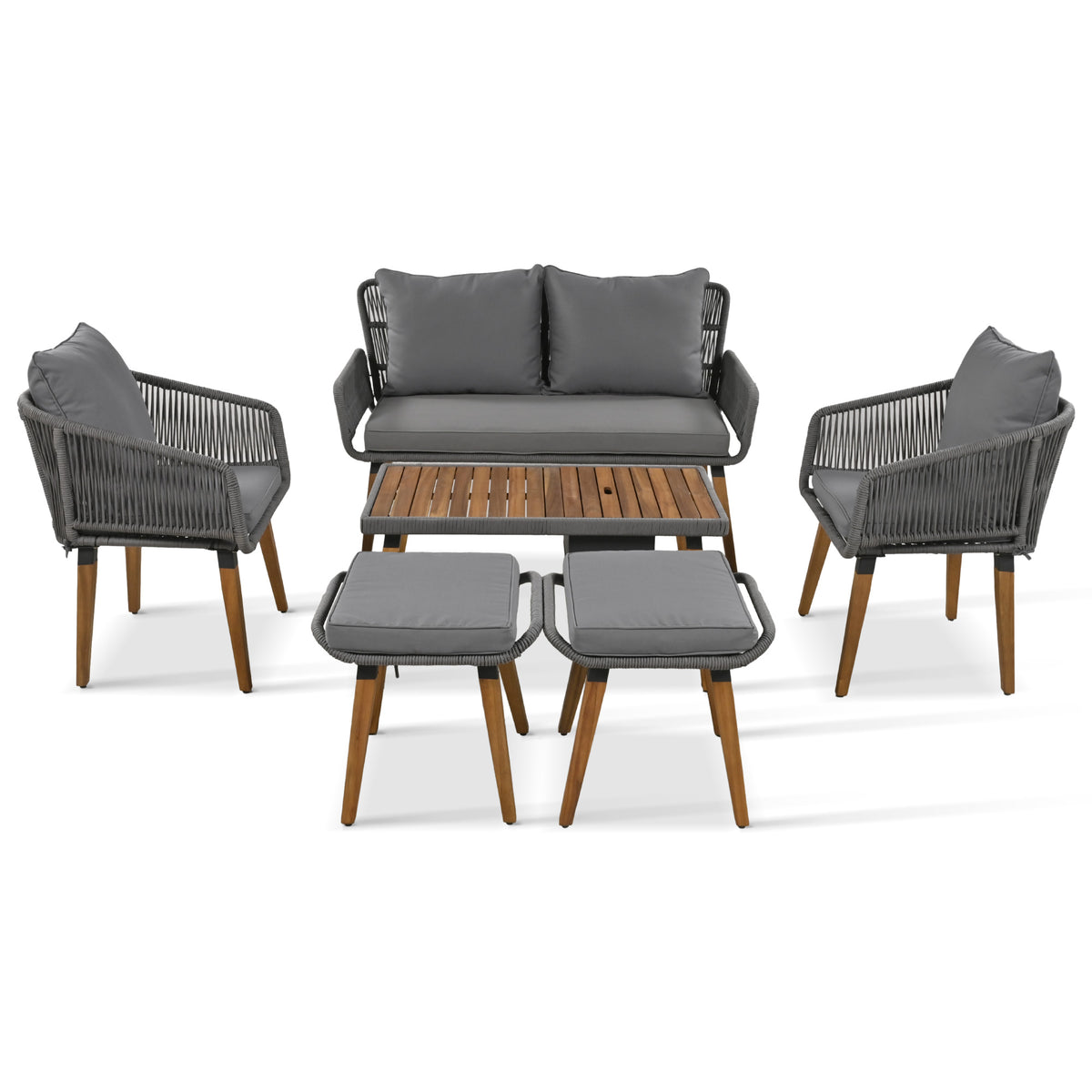 K&K 6 Piece Rope Patio Furniture Set, Outdoor Furniture With Acacia Wood Cool Bar Table With Ice Bucketdeep Seat Patio Conversation Set With Two Stools For Backyard Porch Balcony Grey Yes Complete Patio Set Grey Weather Resistant Frame Fade Resistant