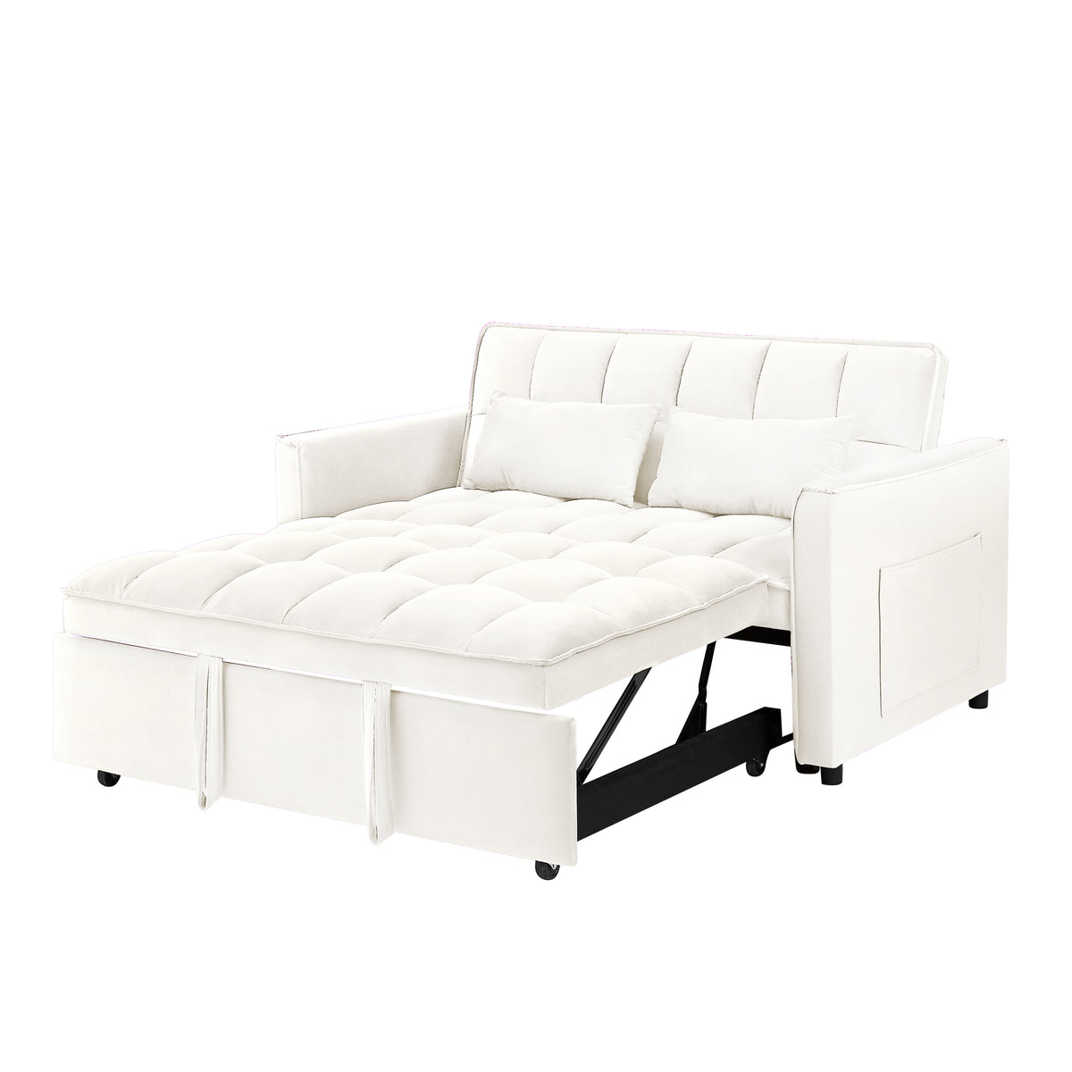 55.1 Inch 3 In 1 Convertible Sofa Bed, Modern Velvet Double Sofa Futon Sofa Bed With Adjustable Back, Storage Bag And Pillow, For Living Room, Bedroom Off White Light Brown Wood Primary Living Space Medium Duty Eucalyptus 2 Seat Beige White Velvet Soft