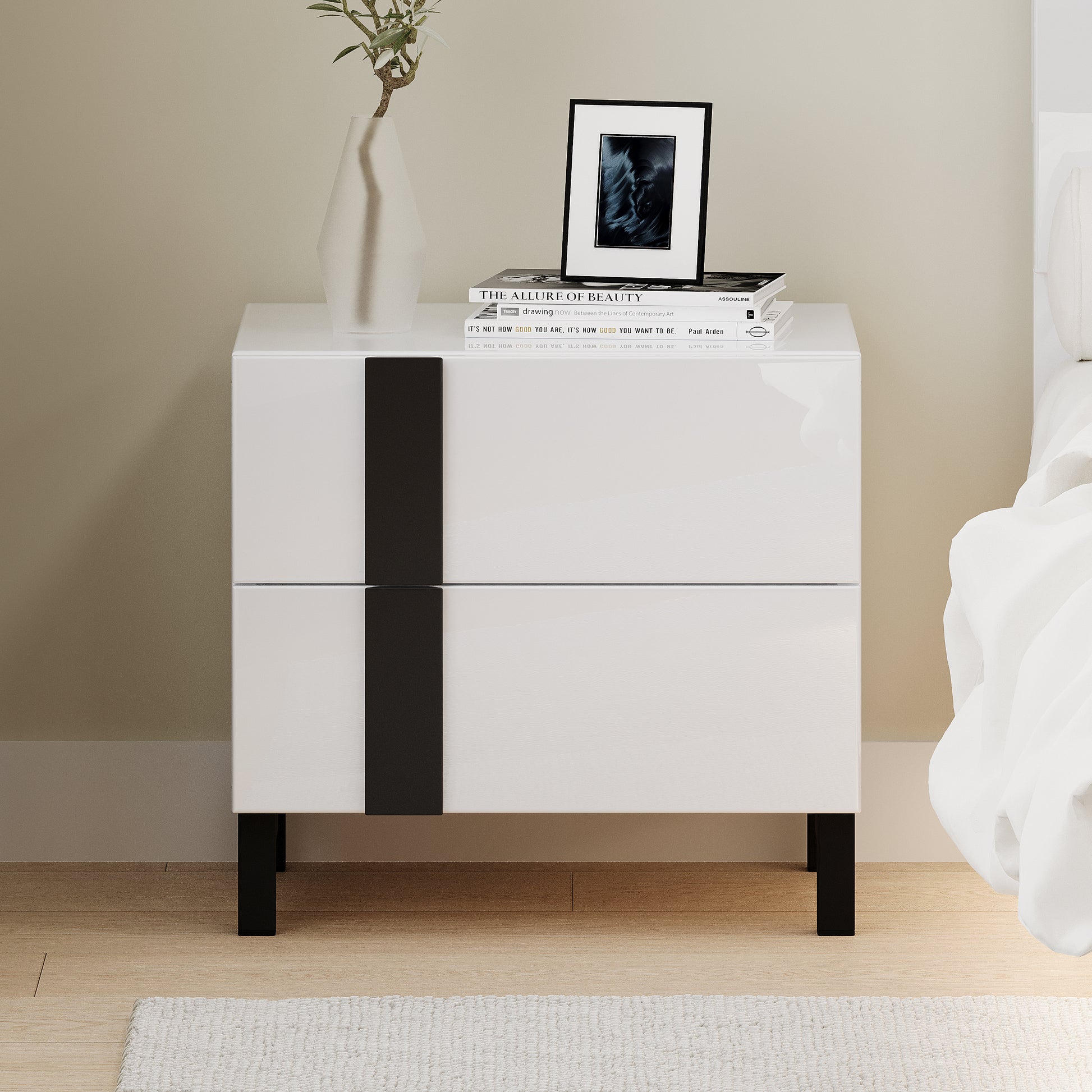 Modern High Gloss 3 Piece Bedroom Set Floating Bed Frame Queen Size Platform Bed With Led Light & 2 Nightstands, White Box Spring Not Required Queen White Wood 3 Piece Set Solid Wood Mdf