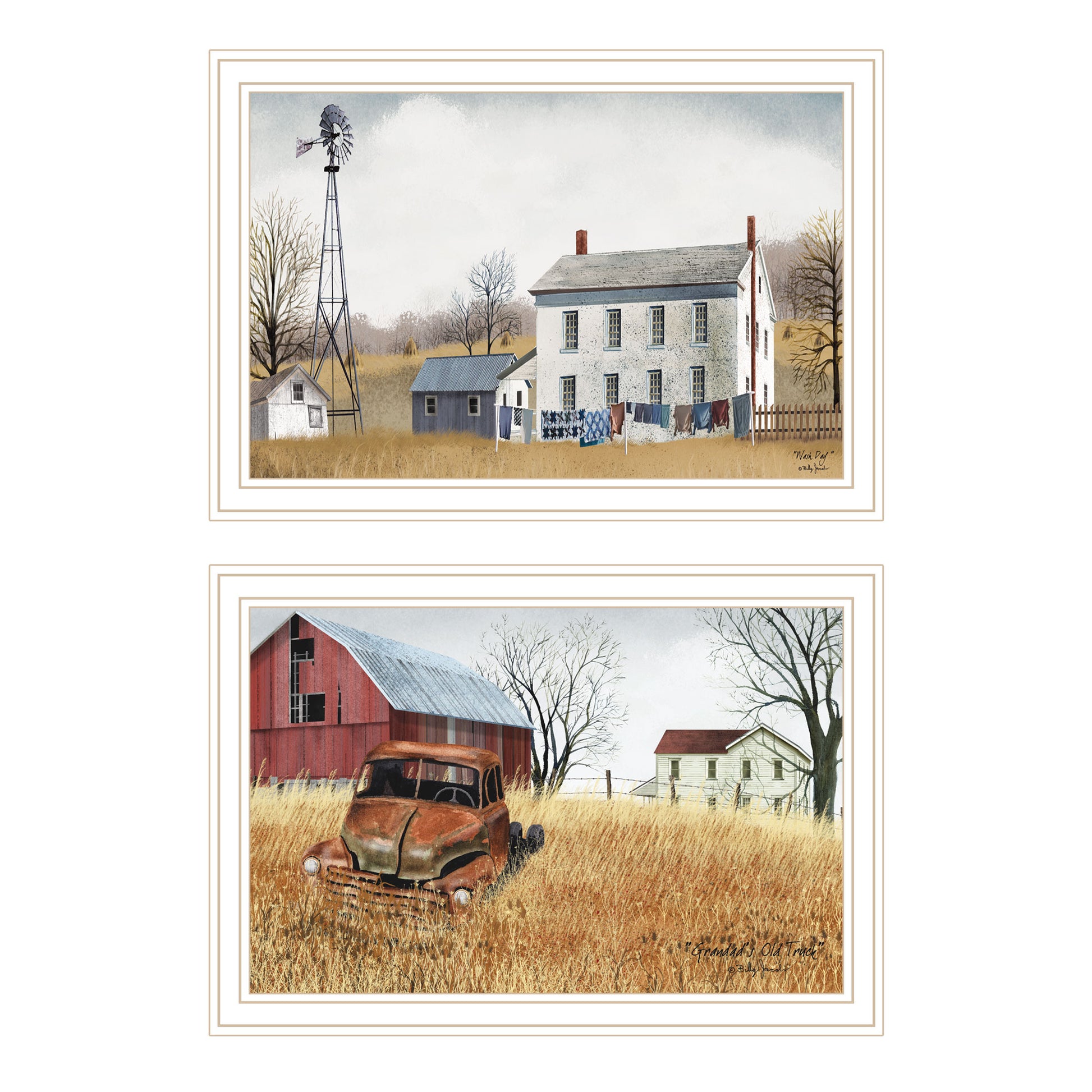 2 Piece Vignette Washday And Granddad'S Old Truck White Framed Wall Art For Living Room, Bedroom Wall Art Print For Home Decor By Billy Jacobs Multicolor Wood Paper