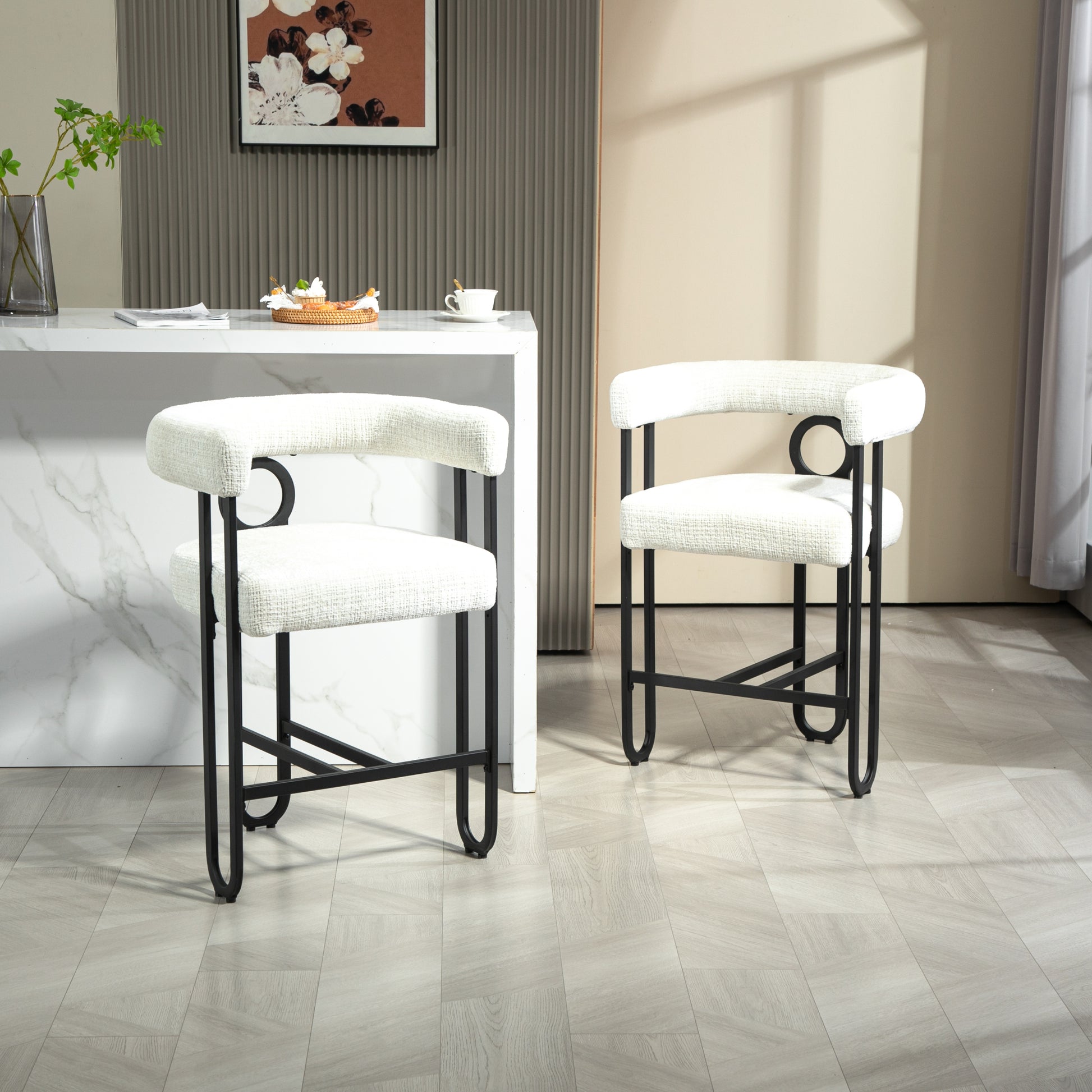 Coolmore Bar Stools Set Of 2, Modern Bar Stool With Back, Black Metal Frames, Upholstered Bar Stools For Kitchen Island, Pub, Club Beige Chenille Beige Dining Room Foam Chenille