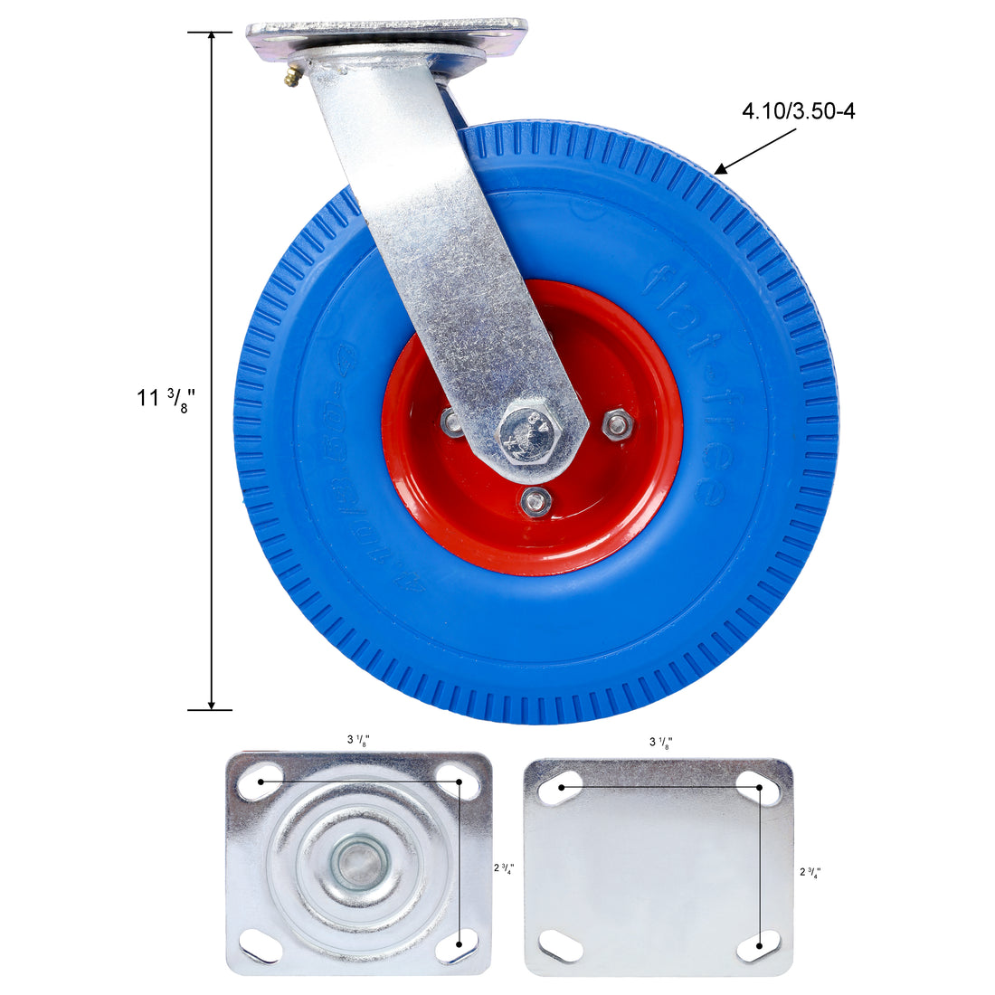 4Pcs 10In Caster Flat Free Whell 2Pcs Swivel 2Pcs Rigid , X Large Flat Free Castersswivel Plate, Steel Hub With Ball Bearings, 5 8 Inch Bore Centered Axle Blue Blue Rubber