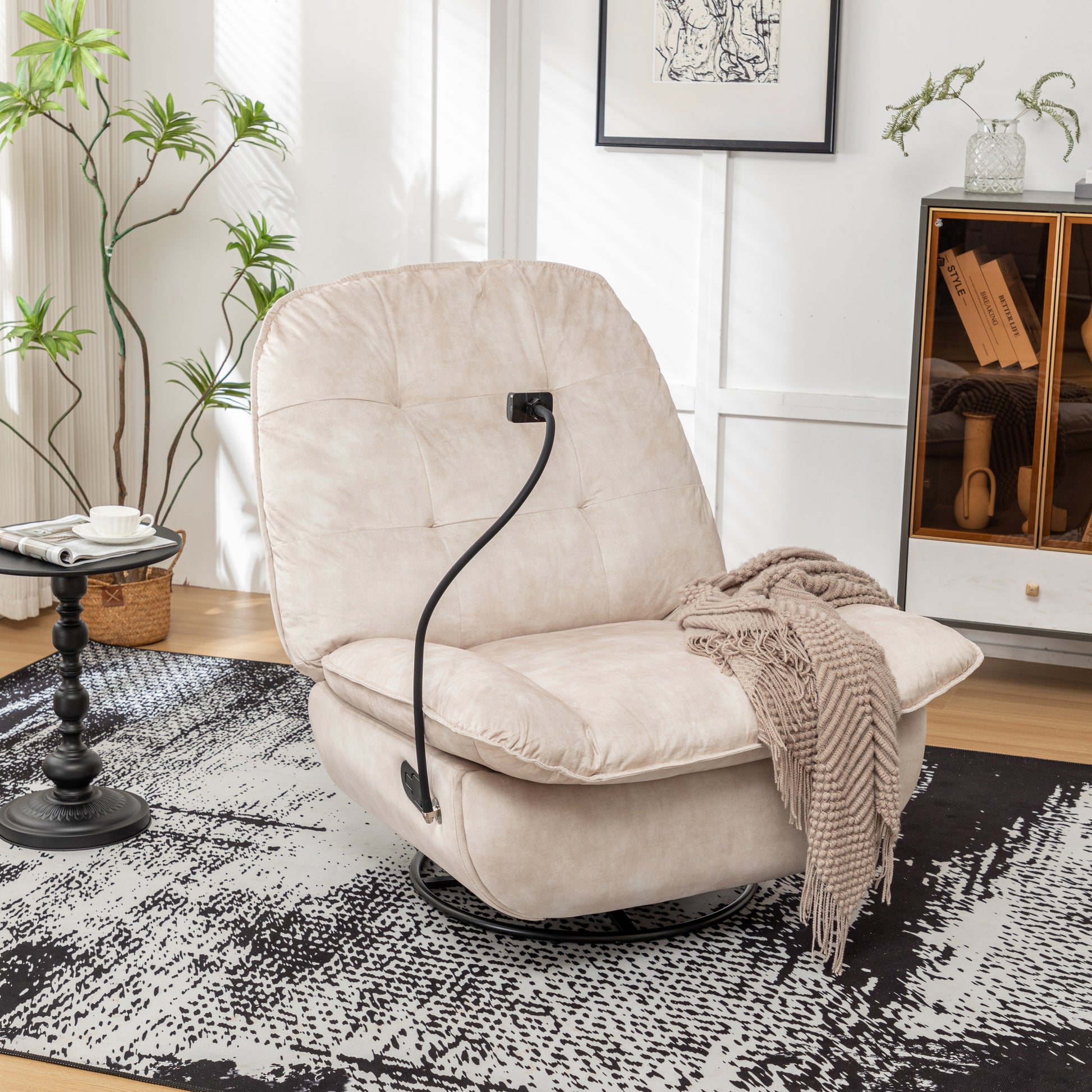 Ivory Recliner, Reclining Lazy Chair, Mobile Phone Holder, Large And Comfortable Reading Chair, Swivel Gliding Rocking Chair, Gold Stamped Velvet Metal Primary Living Space Heavy Duty Push Button Oak Ivory Velvet Manual Push Back Soft Cushion Back Modern