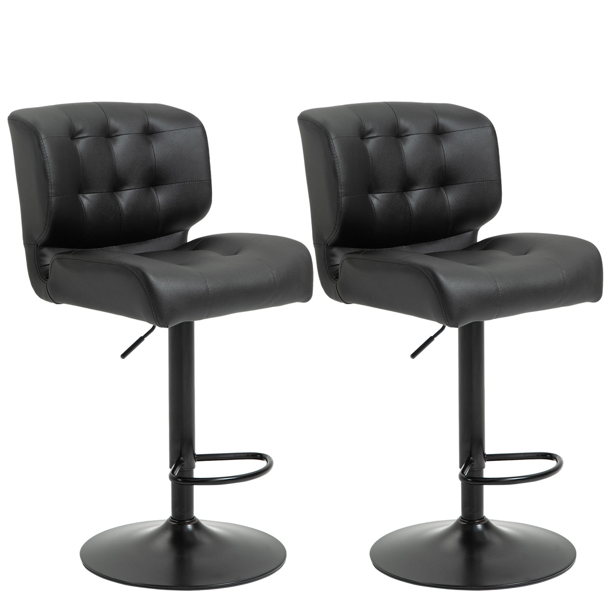Homcom Bar Height Bar Stools Set Of 2 With Adjustable Seat, Thick Padded Cushion And Metal Footrest For Home Bar, Black Black Metal