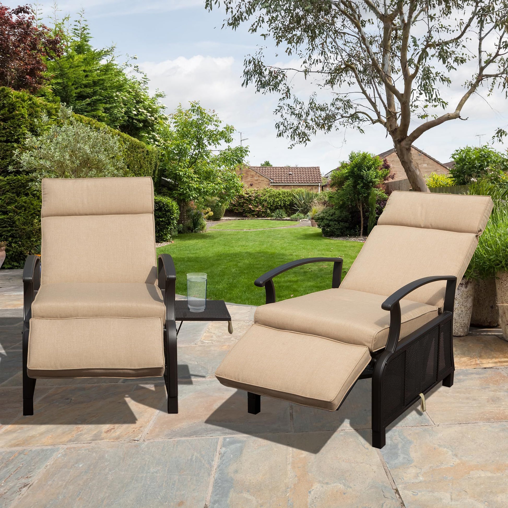 Adjustable Patio Recliner Chair Metal Outdoor Lounge Chair With Flip Table Push Back, Adjustable Angle, 6.8'' Removable Cushions, Support 350Lbs, Beige Yes Beige Garden & Outdoor Metal